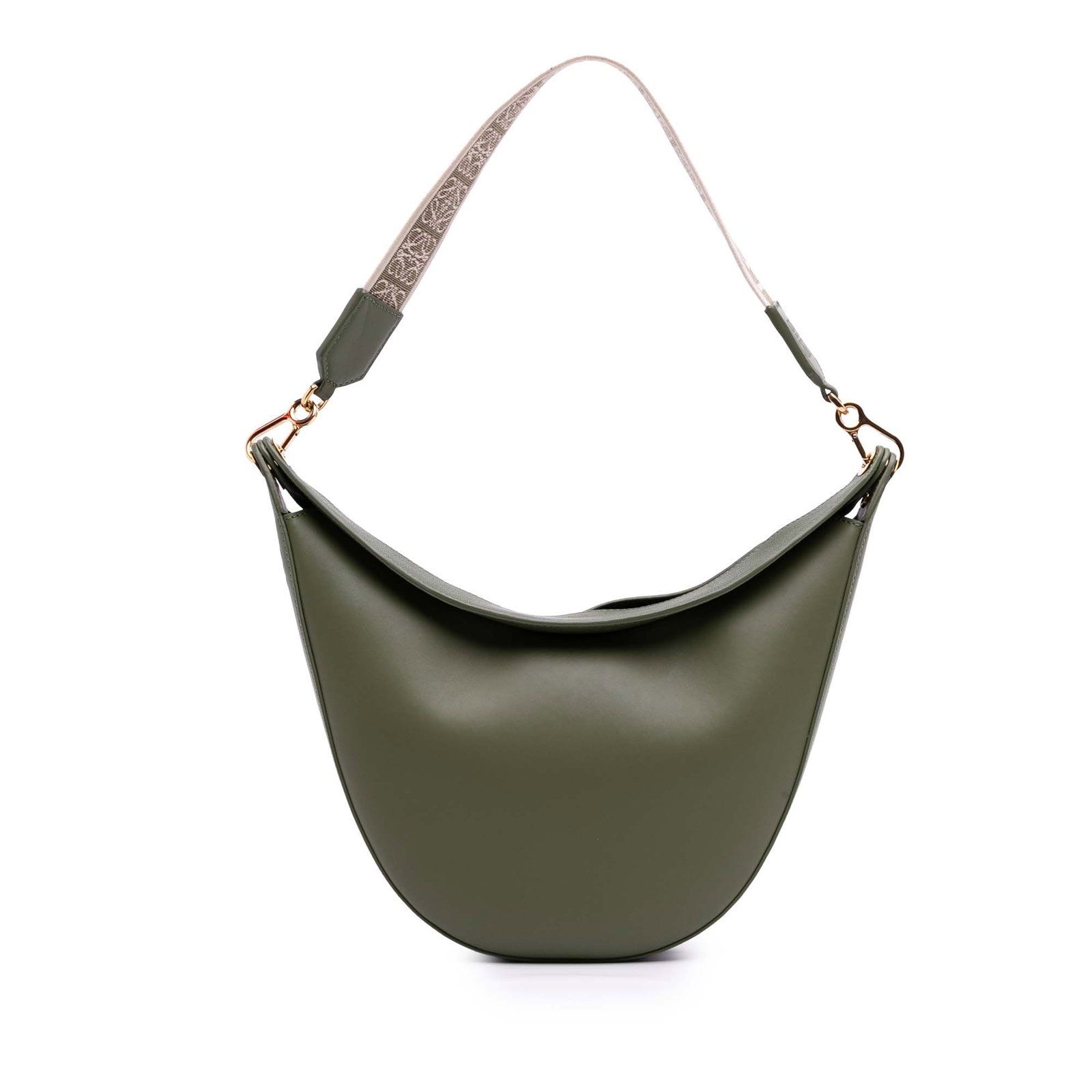 LOEWE Green Small Leather Luna Hobo Bag with Detachable Strap: LOEWE Green Small Leather Luna Hobo Bag with Detachable Strap Introducing the LOEWE Small Leather Luna Hobo, a stylish and functional bag crafted from high-quality leather. This hobo features a sleek 