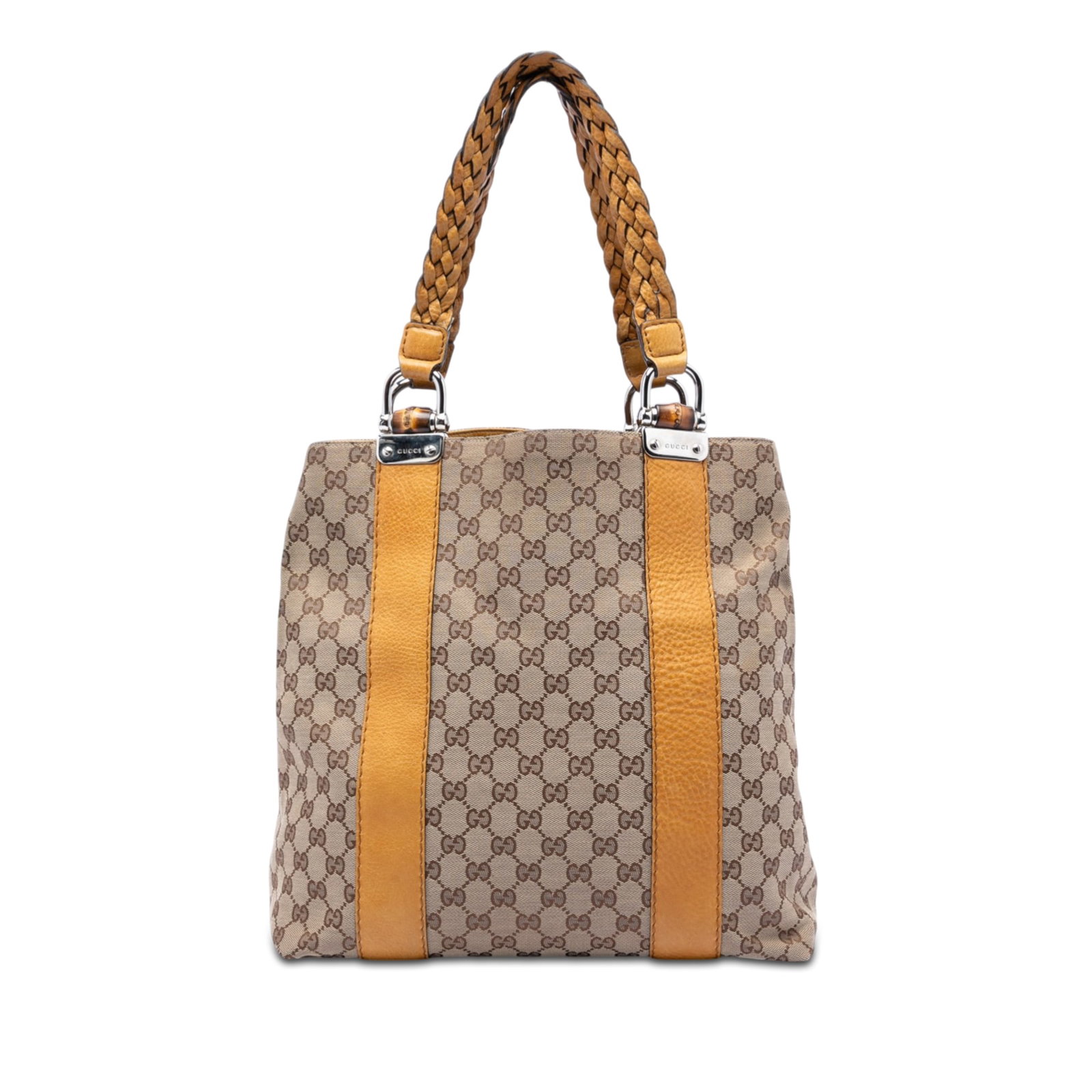 Gucci Bamboo Libeccio beige canvas tote bag: Gucci Bamboo Libeccio beige canvas tote bag This Gucci Large GG Canvas Bamboo Libeccio Tote features a beige canvas body with leather trim and flat braided straps. The open top design provides easy ac