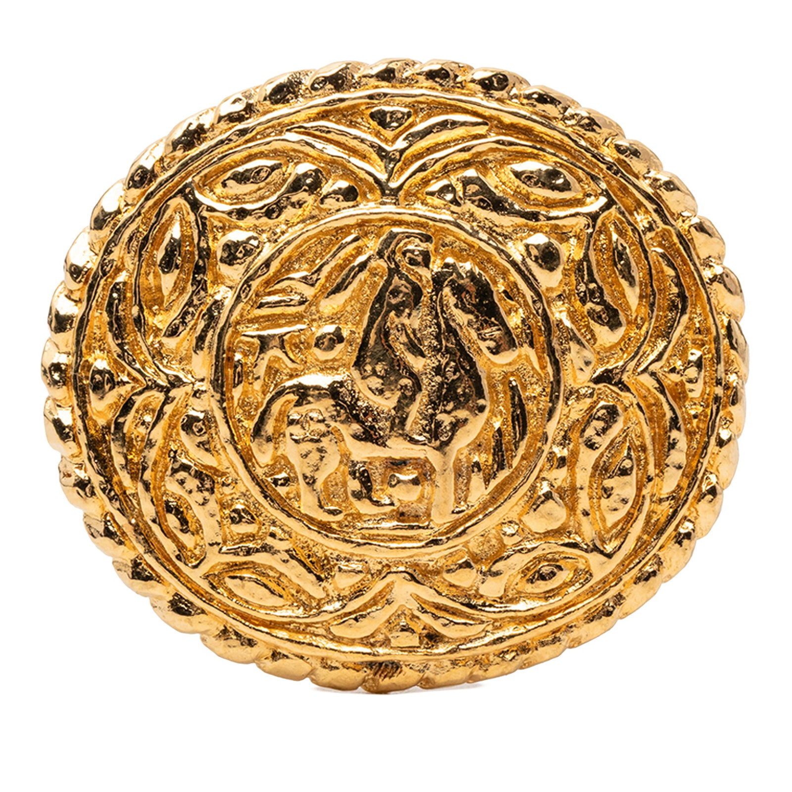 Chanel Equestrian Motif Brooch in Gold Plated Metal: Chanel Equestrian Motif Brooch in Gold Plated Metal This Chanel brooch features a gold-plated metal body with an equestrian motif and a secure back pin closure. Crafted in France, it is categorized as