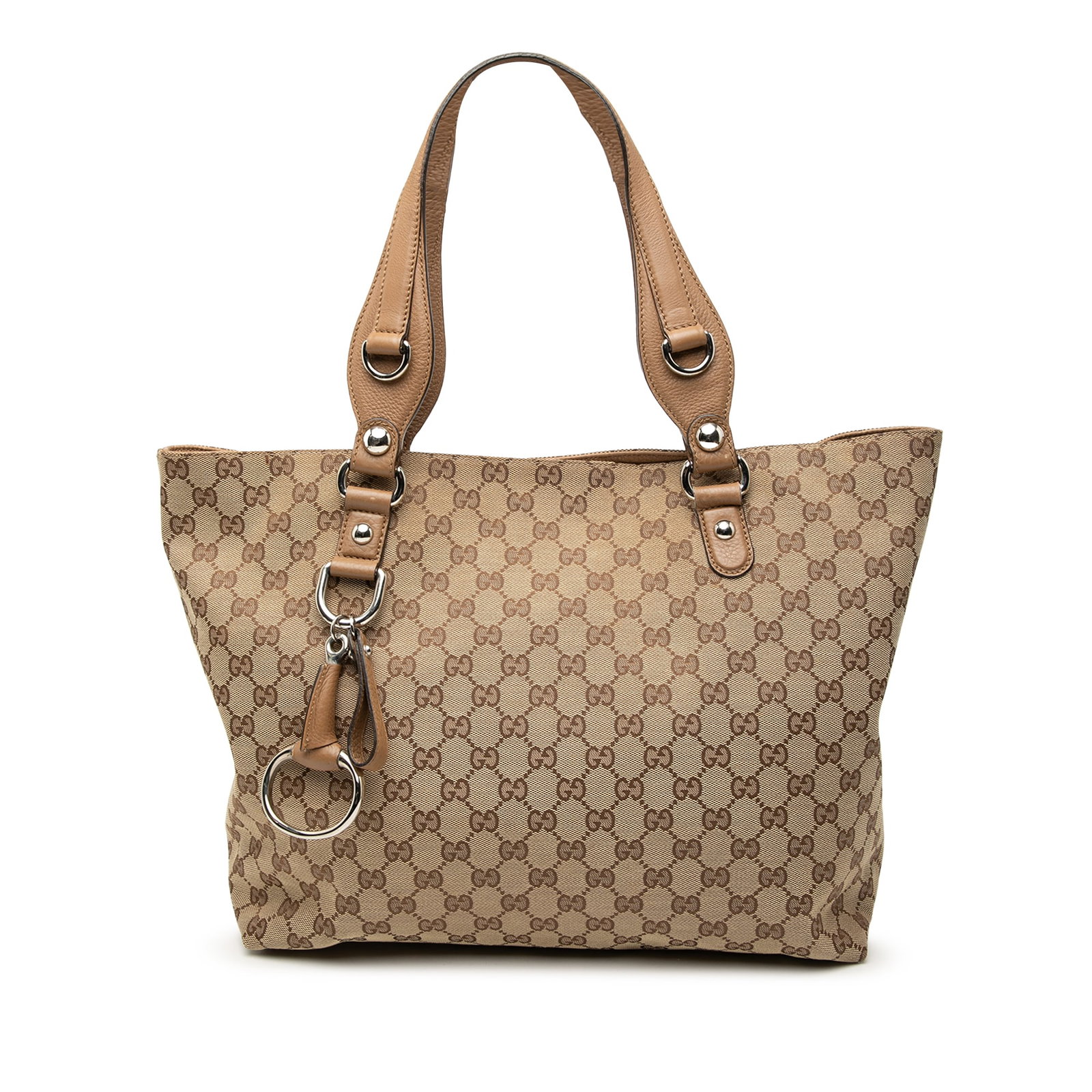 Gucci GG Canvas Icon Bit Beige Tote Bag with Leather Trim: Gucci GG Canvas Icon Bit Beige Tote Bag with Leather Trim This Gucci GG Canvas Icon Bit Tote features a beige canvas body with leather trim and flat leather straps. The tote includes an open top with 