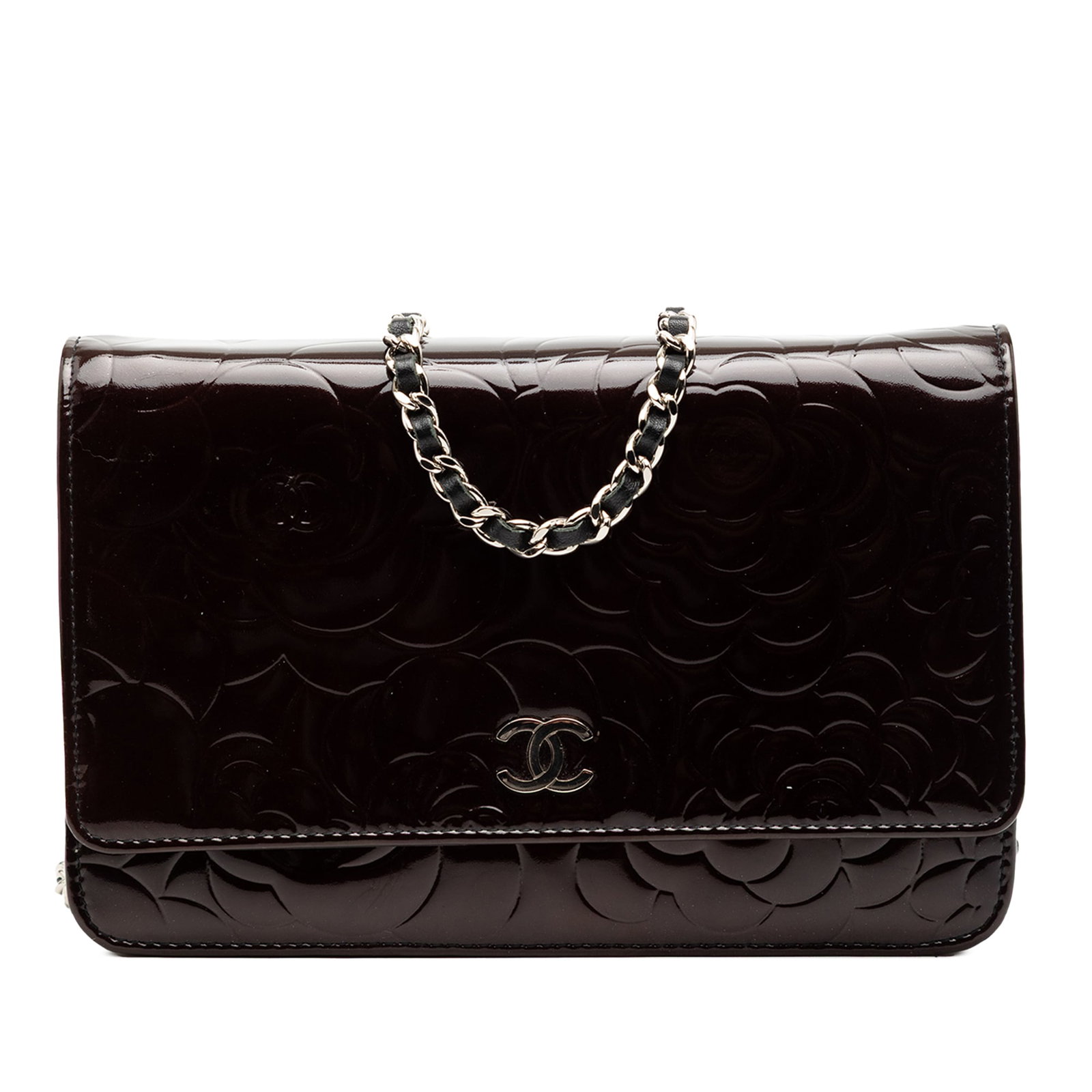 Chanel Camellia Patent Leather Wallet on Chain with CC Embossing: Chanel Camellia Patent Leather Wallet on Chain with CC Embossing This Chanel CC Embossed Patent Camellia Wallet On Chain features a quilted brown patent leather body with an embossed camellia motif, a