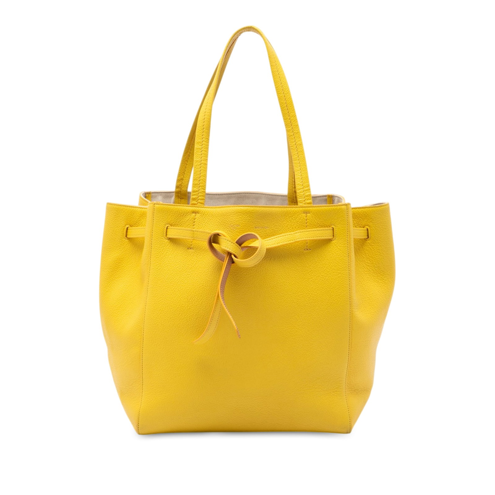 Celine Phantom Cabas Small Grained Calfskin Tote Yellow: Celine Phantom Cabas Small Grained Calfskin Tote Yellow Celine Phantom Cabas tote in yellow grained calfskin leather with flat leather straps, an open top, and a flat leather drawstring closure. The i