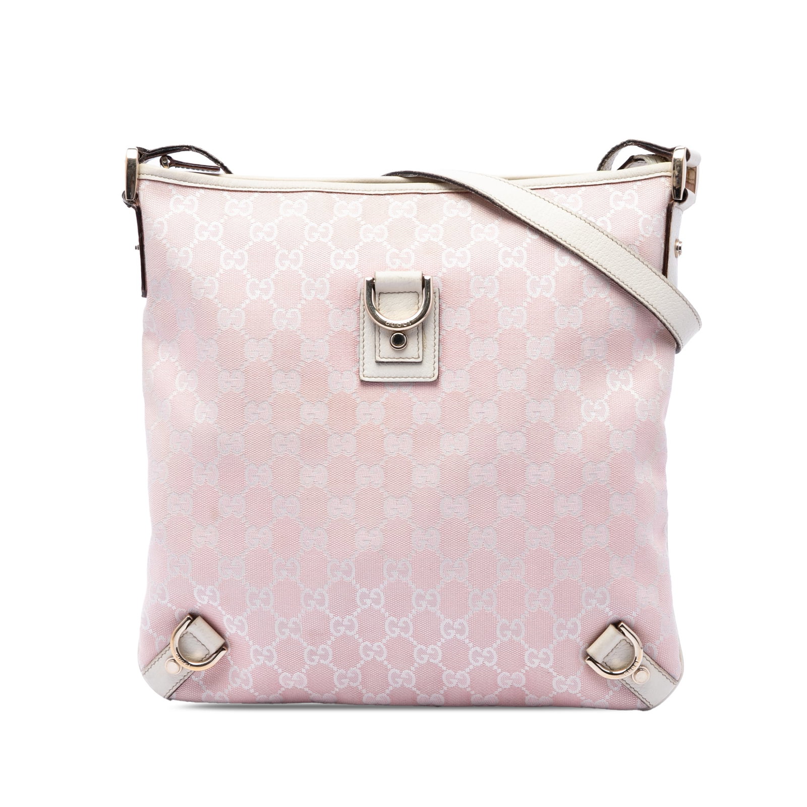 Gucci Abbey D Ring Crossbody Bag in Pink GG Canvas: Gucci Abbey D Ring Crossbody Bag in Pink GG Canvas Gucci GG Canvas Abbey D Ring Crossbody bag in pink jacquard fabric with a flat leather strap and top zip closure. The interior includes one zip pocke