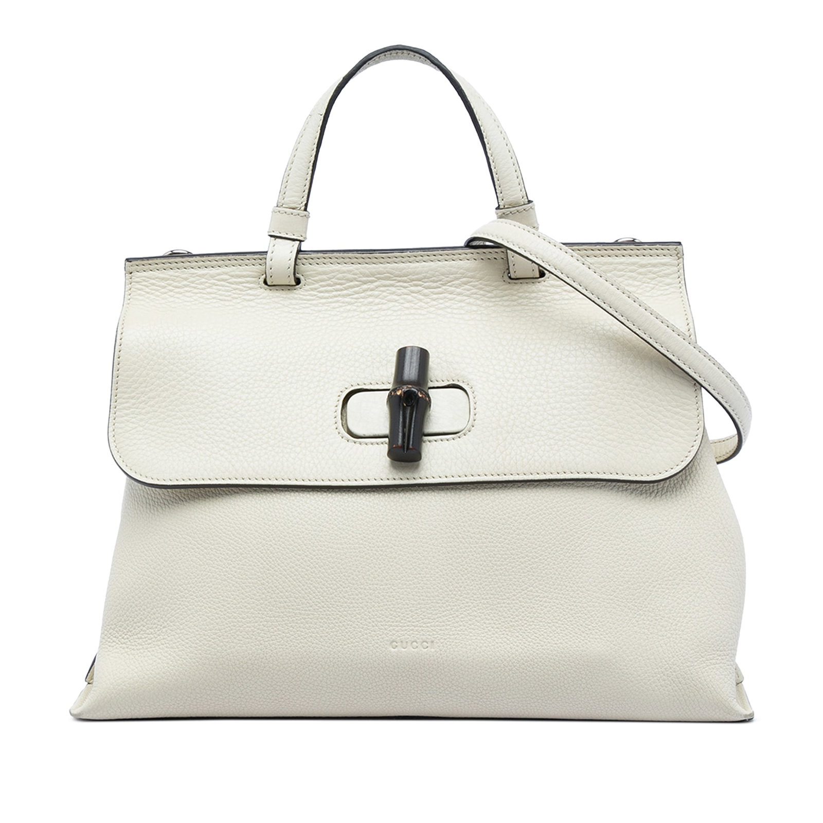Gucci Bamboo Daily Medium Calfskin Satchel White Leather: Gucci Bamboo Daily Medium Calfskin Satchel White Leather This Gucci Medium Calfskin Bamboo Daily Satchel is crafted in white leather and features a flat top handle, a detachable flat strap, and a fron