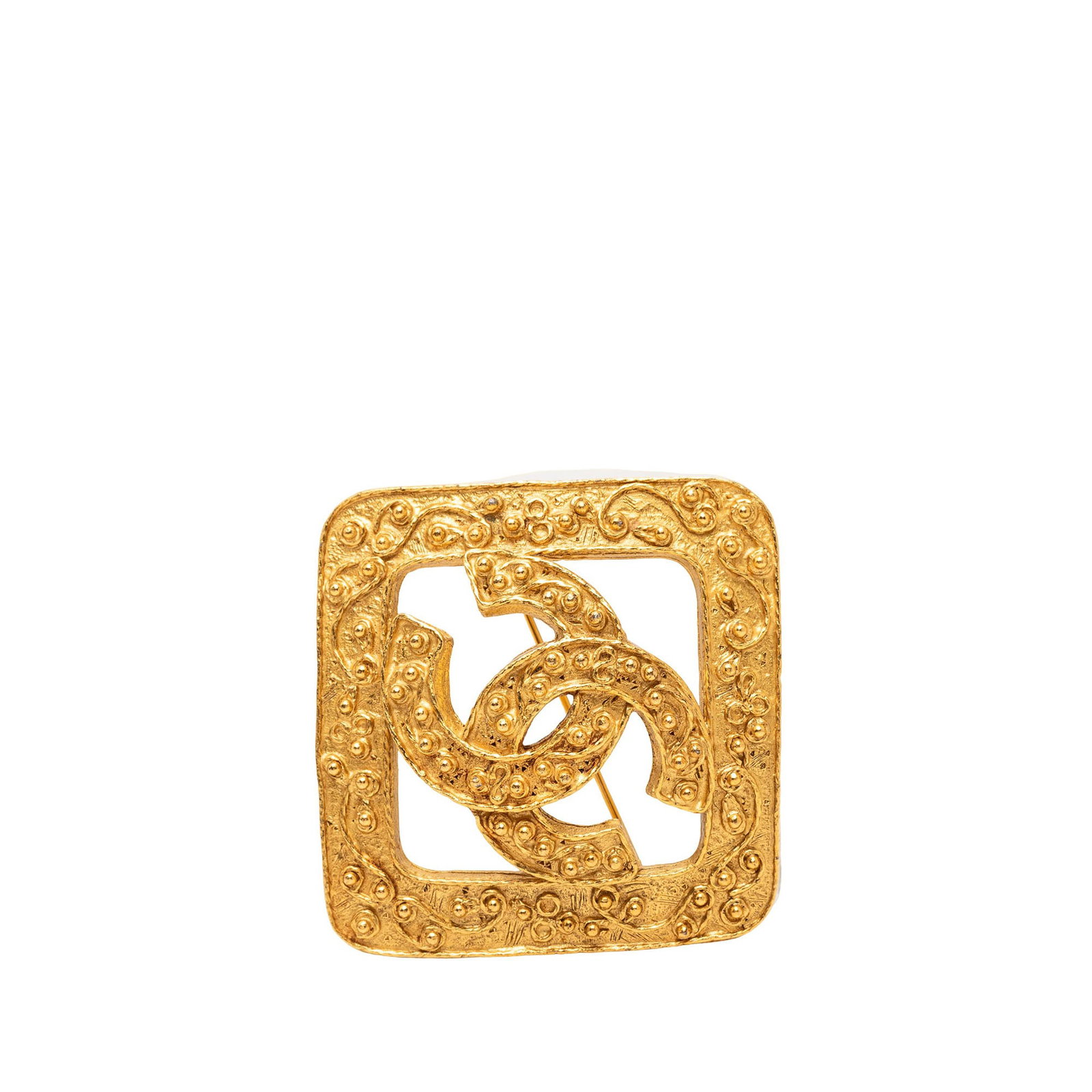 Chanel CC Gold Tone Metal Brooch with Faux Diamond Accent: Chanel CC Gold Tone Metal Brooch with Faux Diamond Accent Chanel CC brooch in gold-tone metal with a back pin closure. This costume jewelry piece is made in France and shows visible wear including dis