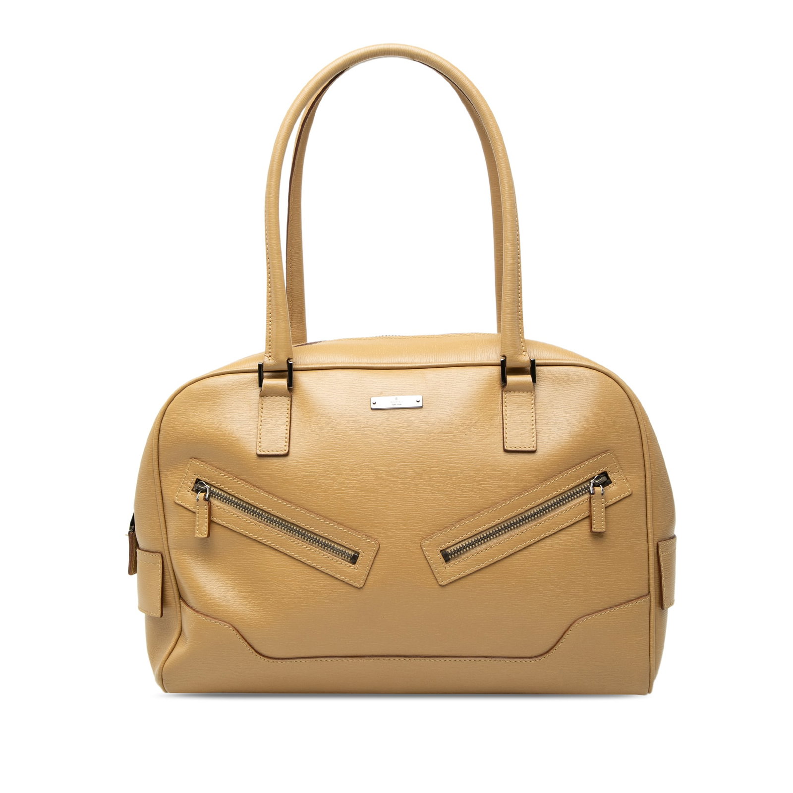 Gucci Calfskin Leather Zip Top Brown Handbag: Gucci Calfskin Leather Zip Top Brown Handbag Gucci calfskin handbag with a brown leather body, rolled leather handles, a top zip closure, exterior front zip pockets, and an interior zip pocket. Made i