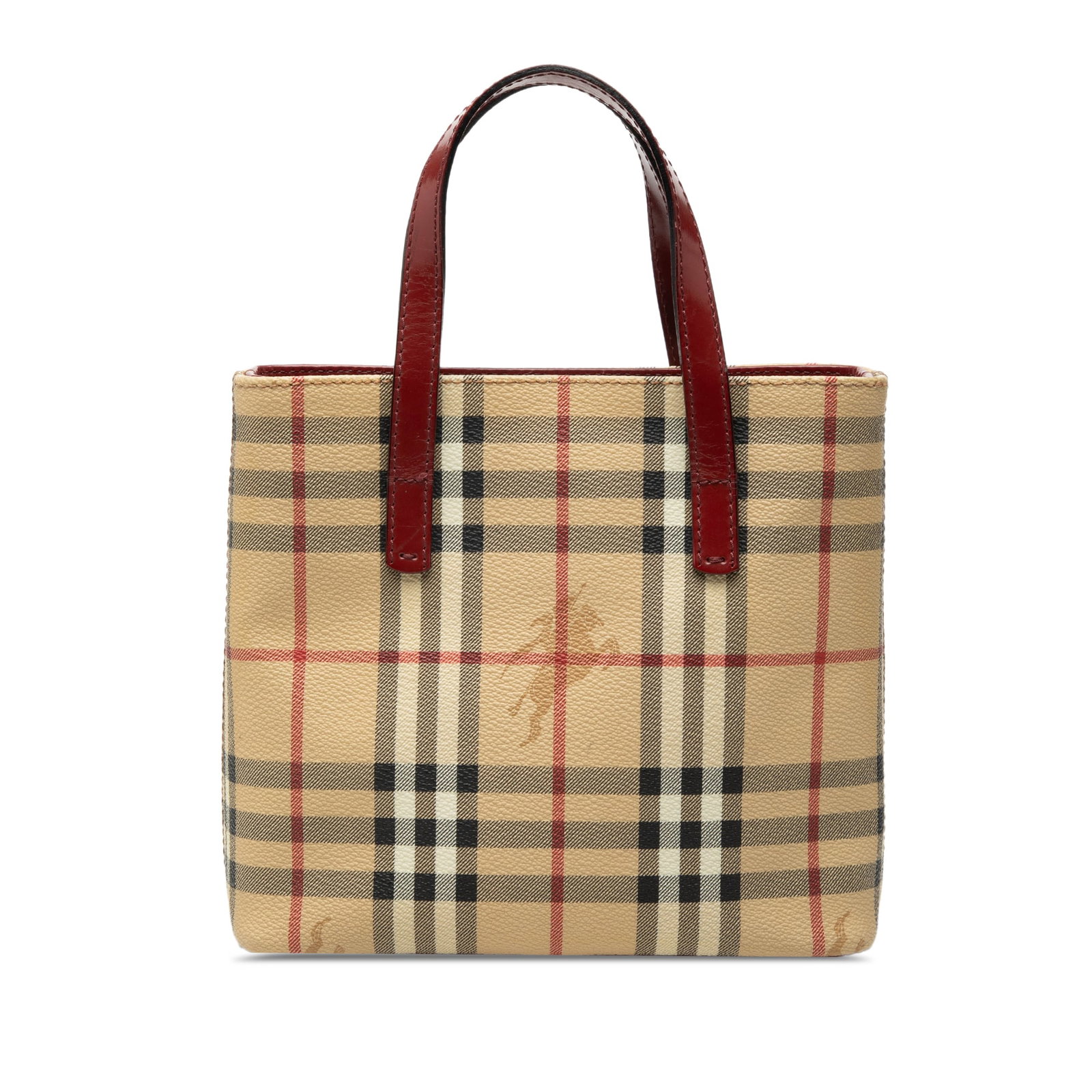 Burberry Haymarket coated canvas tote with leather handles: Burberry Haymarket coated canvas tote with leather handles This Burberry Haymarket Check handbag is crafted from coated canvas and features flat leather handles, an open top with a magnetic closure, a