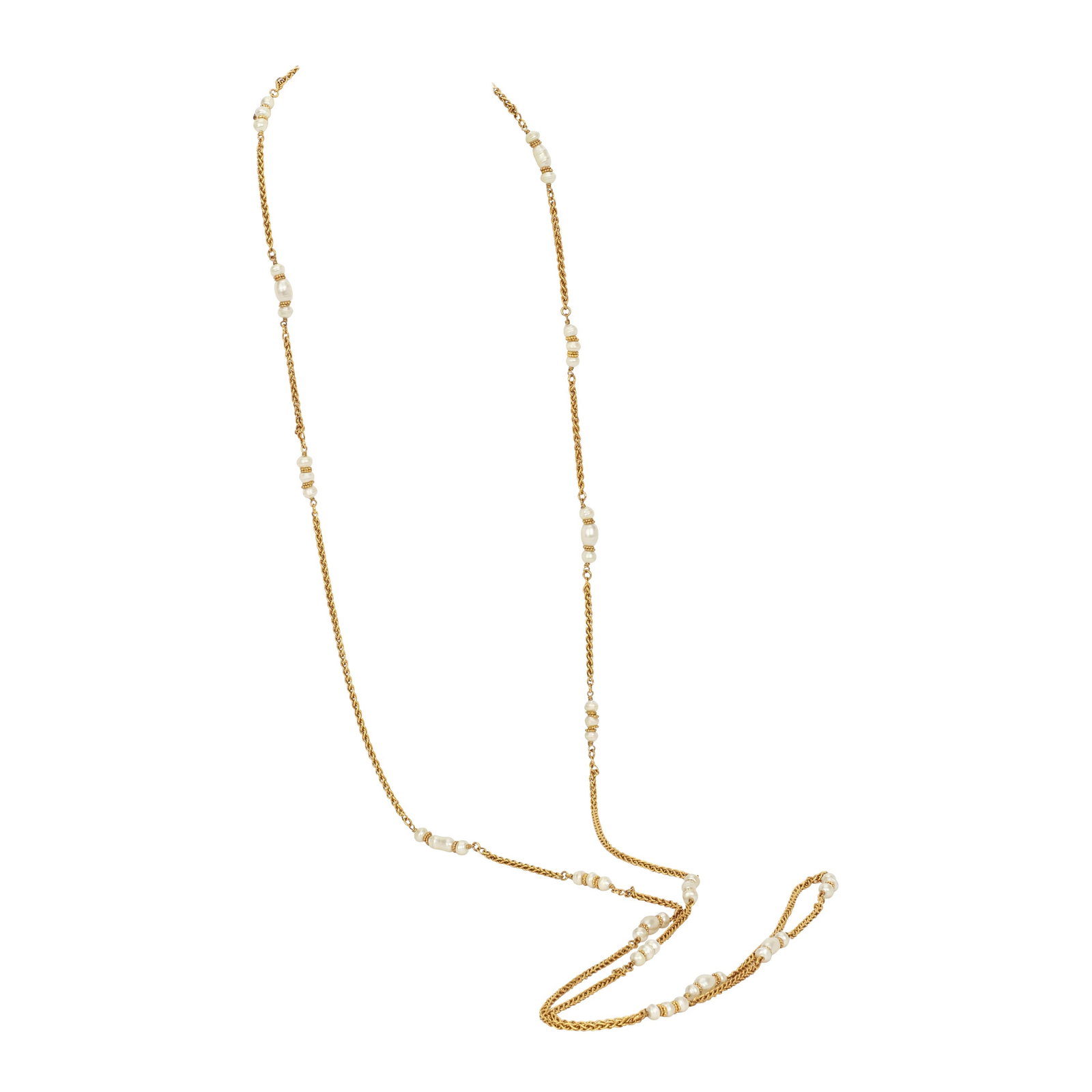1990s Chanel Long Sautoir Necklace Gold Pearl Italy 78in: 1990s Chanel Long Sautoir Necklace Gold Pearl Italy 78in This stunning 1990's Vintage Chanel Long Sautoir Necklace features a luxurious gold chain adorned with elegant pearls. Originating from the Spr
