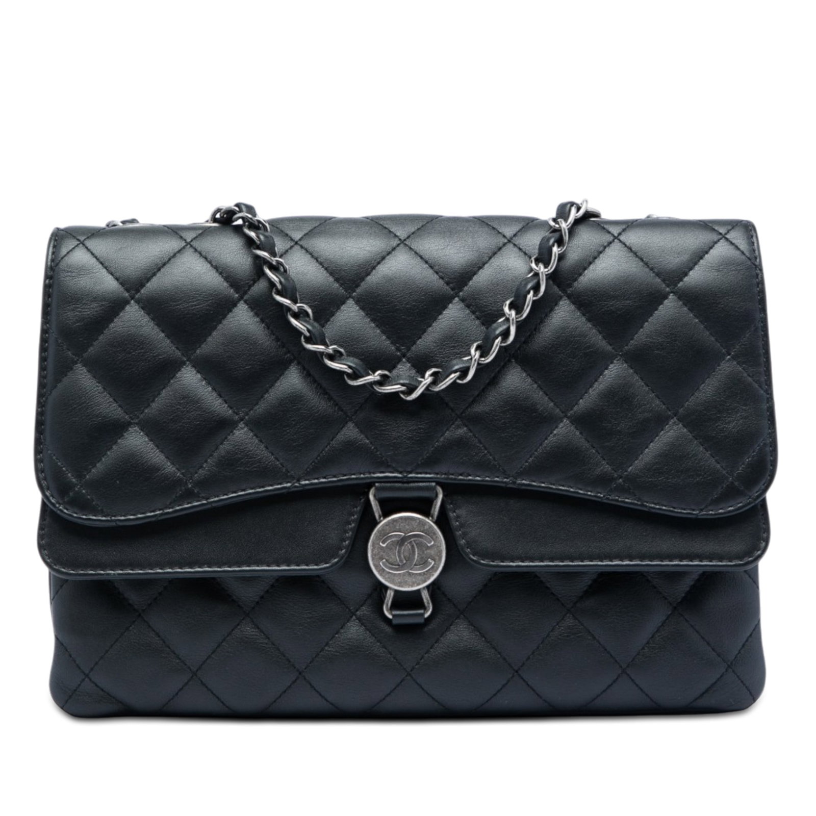 Chanel CC Round Clasp Accordion Flap Quilted Lambskin Shoulder Bag: Chanel CC Round Clasp Accordion Flap Quilted Lambskin Shoulder Bag Quilted lambskin shoulder bag with a leather-woven chain strap and front CC turn-lock closure. The interior includes zip and slip poc