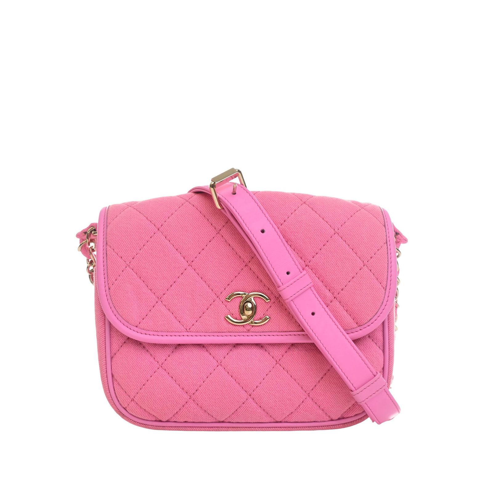 Chanel Small CC Denim Crossbody Bag with Quilted Flap: Chanel Small CC Denim Crossbody Bag with Quilted Flap Small Chanel messenger flap bag crafted in quilted pink denim with leather trim. The design features a denim woven chain crossbody strap with leat