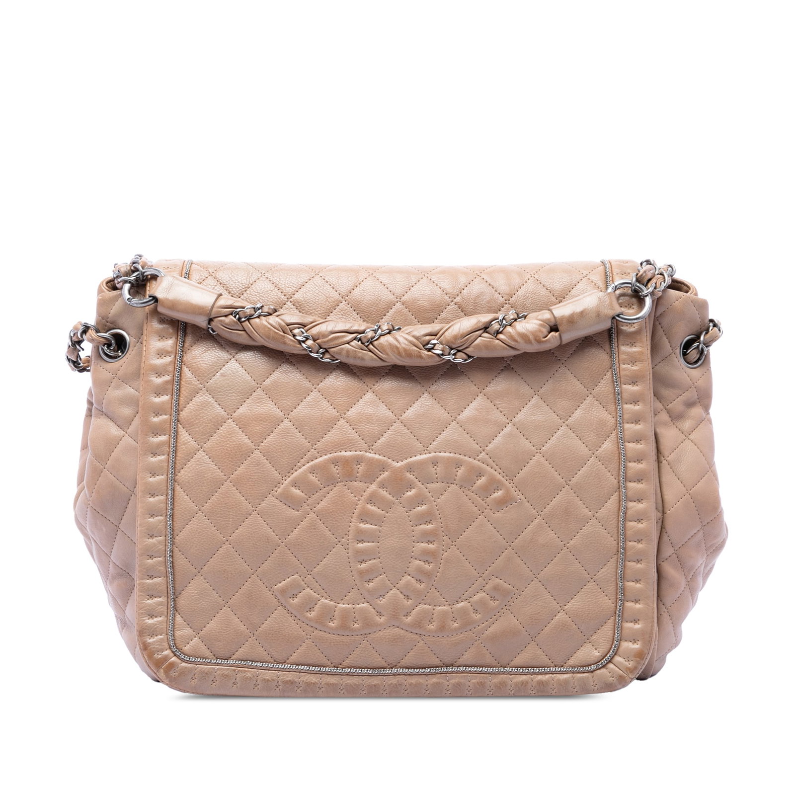 Chanel Istanbul Accordion Flap Large Quilted Calfskin Bag: Chanel Istanbul Accordion Flap Large Quilted Calfskin Bag A Chanel Large Quilted Calfskin Istanbul Accordion Flap bag in beige leather, made in Italy. It features a quilted leather body, a leather-wov