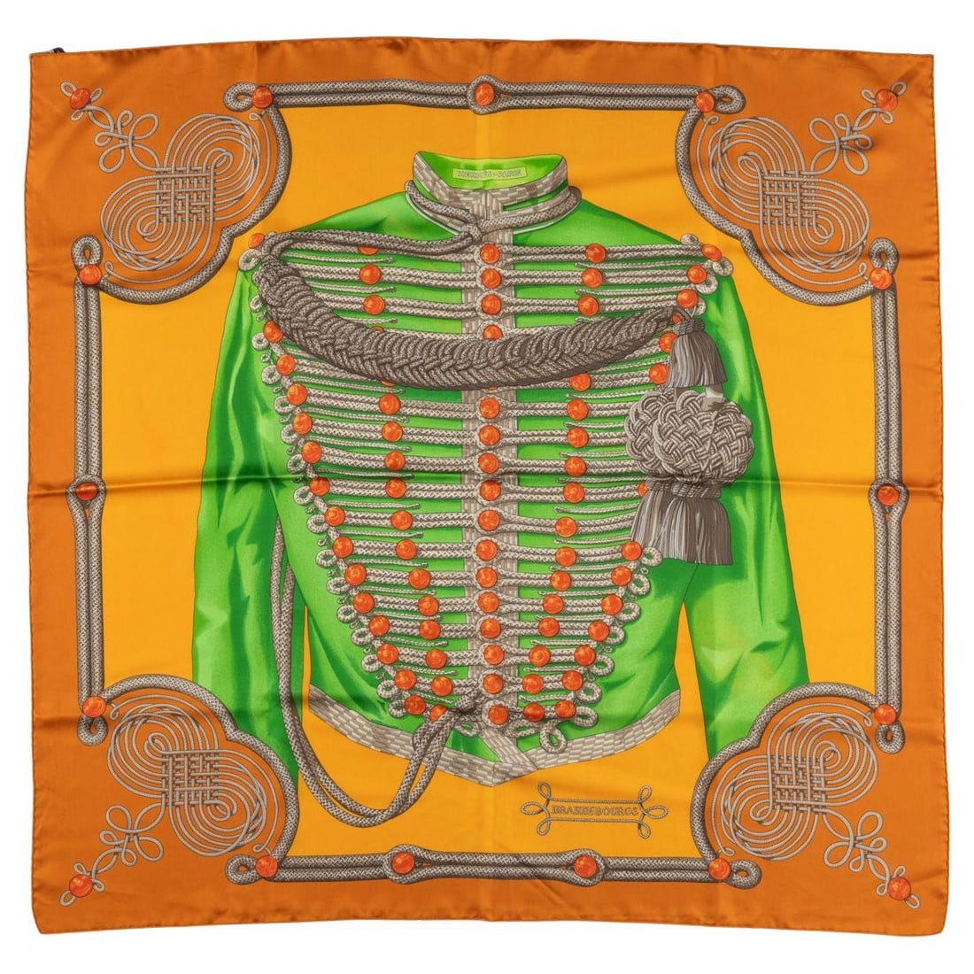 Hermes Brandebourgs silk scarf in rust brown 35 in: Hermes Brandebourgs silk scarf in rust brown 35 in Hermes "Brandebourgs" scarf in rust brown silk with hand-rolled edges. This 21st-century piece is presented in excellent condition. Specifications Br