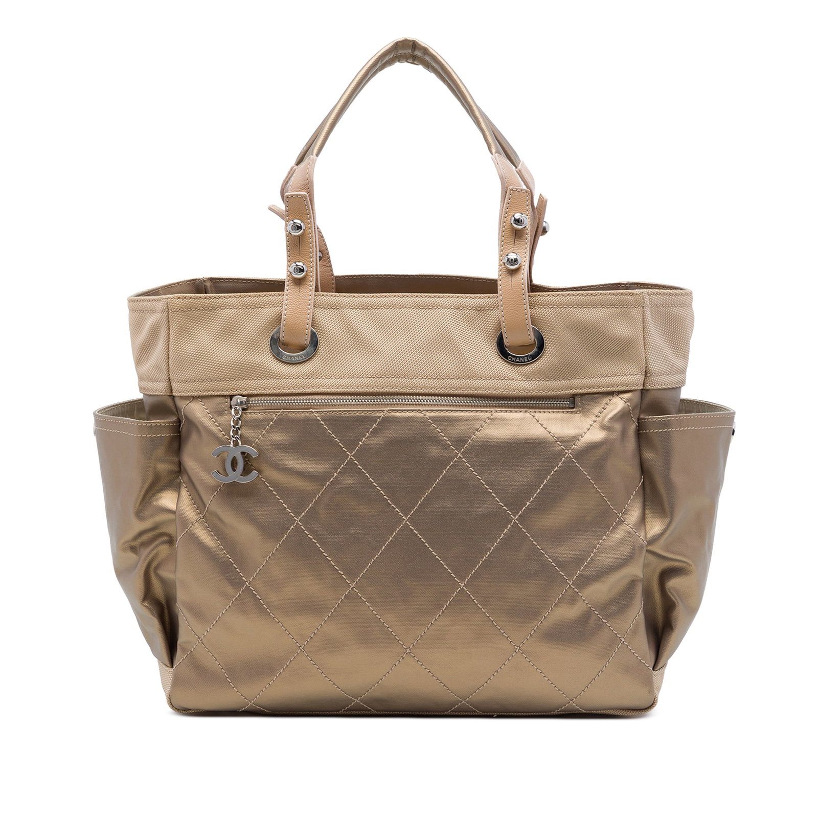 Chanel Paris Biarritz Large Quilted Canvas Tote Gold: Chanel Paris Biarritz Large Quilted Canvas Tote Gold Large Chanel Paris Biarritz tote crafted in quilted coated canvas with flat handles and a top zip closure. The bag includes exterior slip and zip p