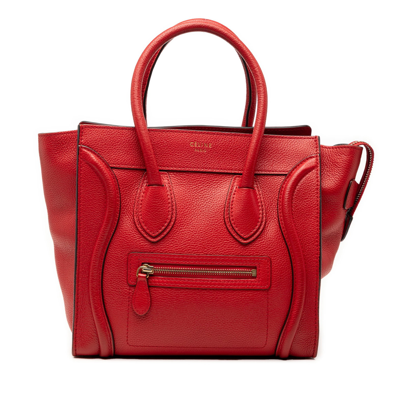 Celine red leather Micro Luggage tote bag: Celine red leather Micro Luggage tote bag This Celine Micro Calfskin Luggage Tote is crafted from red leather and features rolled leather handles, a top zip closure, an exterior front zip pocket, and 