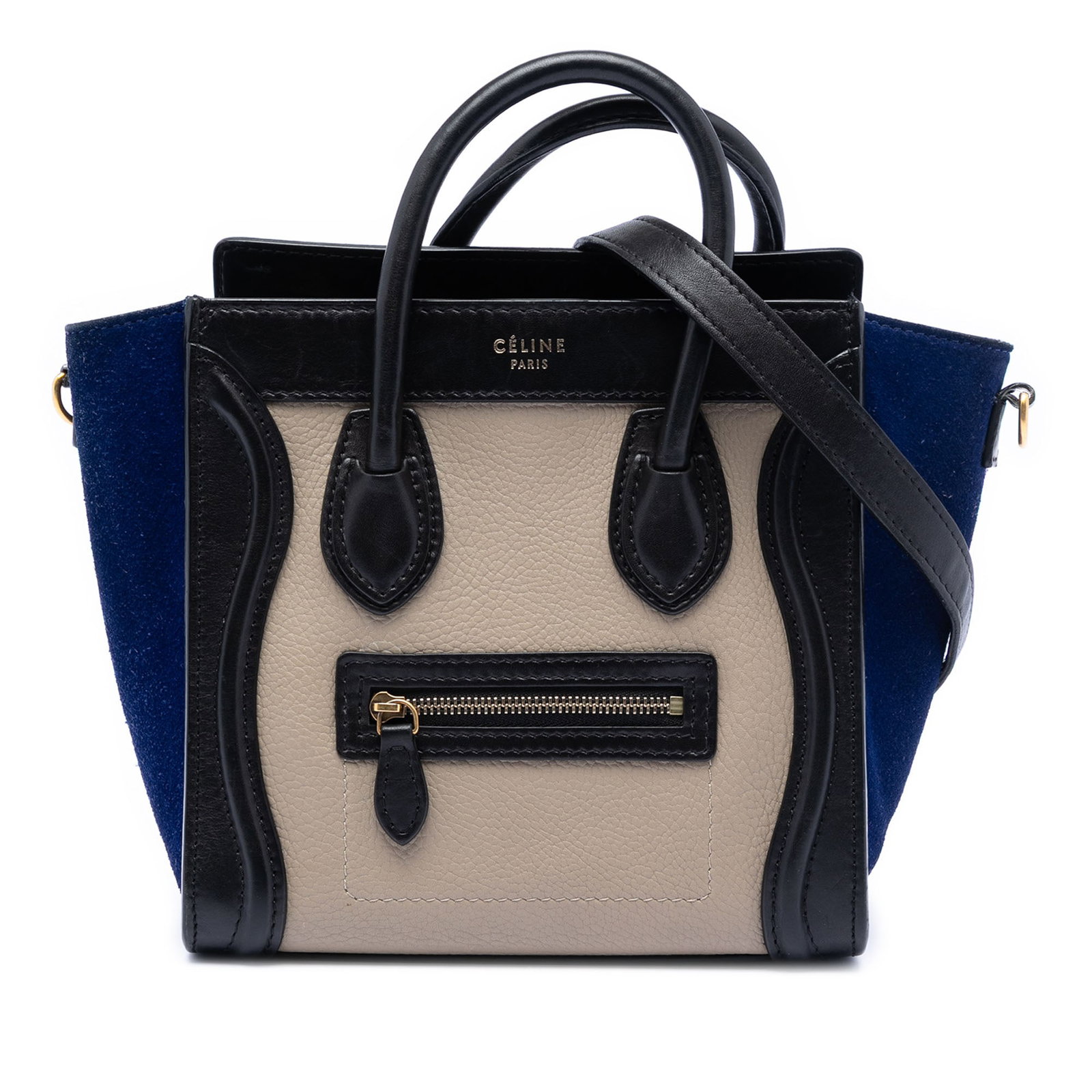 Celine Nano Luggage Tote Tricolor Calfskin with Suede Side Panels: Celine Nano Luggage Tote Tricolor Calfskin with Suede Side Panels This Celine Nano Luggage Tote features a tricolor leather exterior with suede side panels, rolled leather handles, and a detachable fl