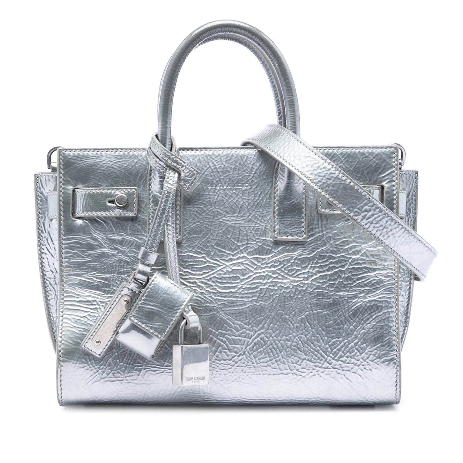 Saint Laurent Sac de Jour Nano silver metallic leather satchel: Saint Laurent Sac de Jour Nano silver metallic leather satchel Saint Laurent Nano Metallic Crinkled Calfskin Supple Sac De Jour satchel in silver leather. This satchel features rolled leather handles,
