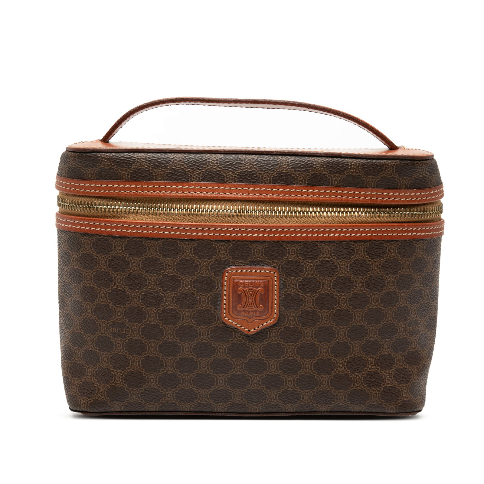Celine Macadam Vanity Bag Coated Canvas Leather Trim: Celine Macadam Vanity Bag Coated Canvas Leather Trim This Celine Macadam vanity bag is crafted from coated canvas with leather trim and features a flat leather top handle and a top zip-around closure.