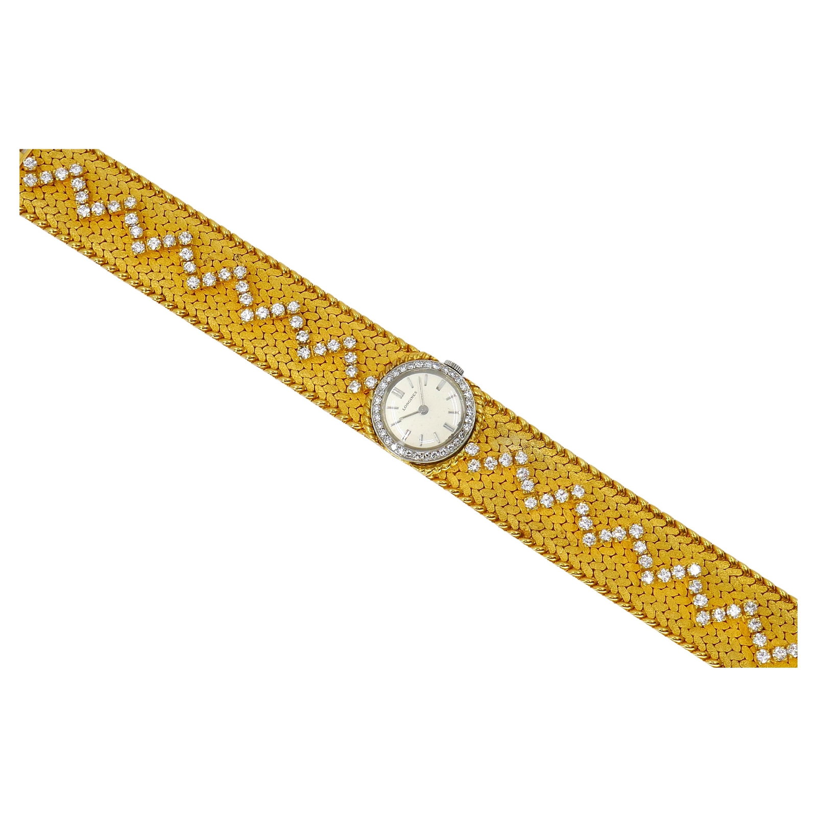 Cartier diamond braided wristwatch in 18k yellow gold: Cartier diamond braided wristwatch in 18k yellow gold Vintage Cartier wristwatch featuring an 18k yellow gold case and gold strap with diamond accents. This manual wind watch has a round case and a br