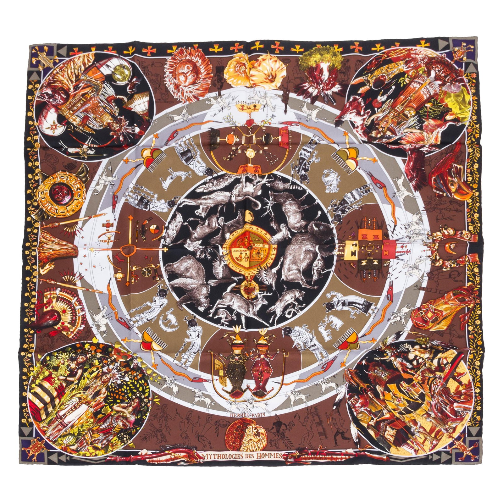 Hermes Kermit Oliver Mythologies des Hommes Silk Scarf 35 in Mint: Hermes Kermit Oliver Mythologies des Hommes Silk Scarf 35 in Mint This exquisite Hermes silk scarf features the captivating design "Mythologies des Hommes" created by renowned designer Kermit Oliver. 