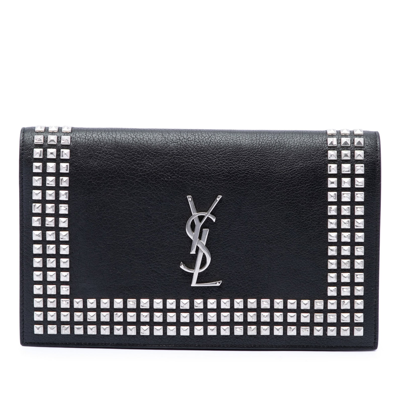 Saint Laurent Monogram Studded Leather Flap Clutch Bag: Saint Laurent Monogram Studded Leather Flap Clutch Bag Saint Laurent studded leather monogram clutch in black with a front flap and magnetic snap closure. The interior includes a slip pocket. Conditio