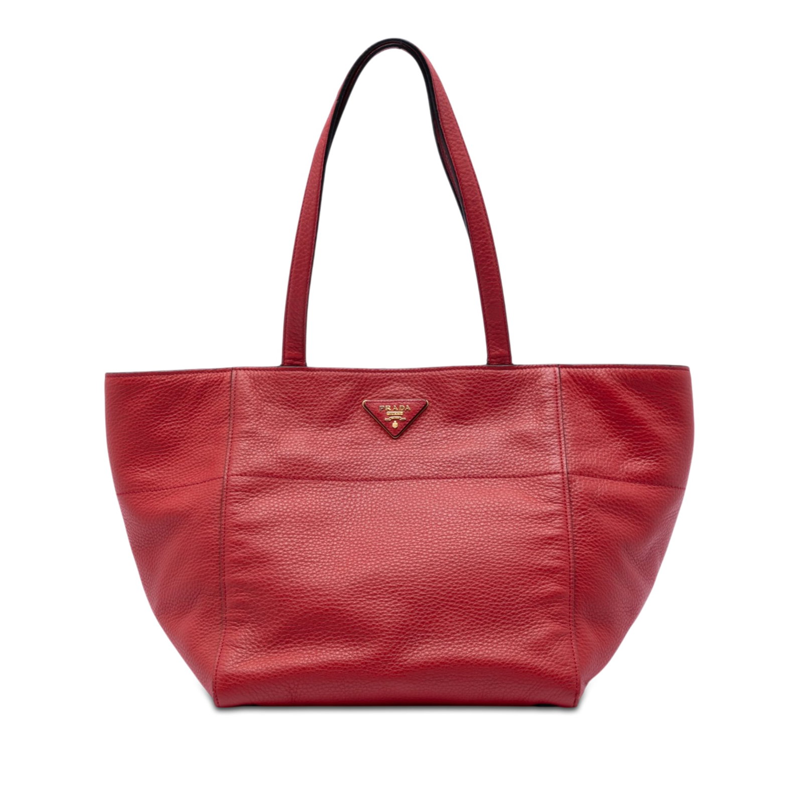 Prada Vitello Daino red leather tote bag: Prada Vitello Daino red leather tote bag Prada Vitello Daino tote bag in red leather with flat leather straps, an open top with magnetic snap closure, and an interior with zip and slip pockets. Condit