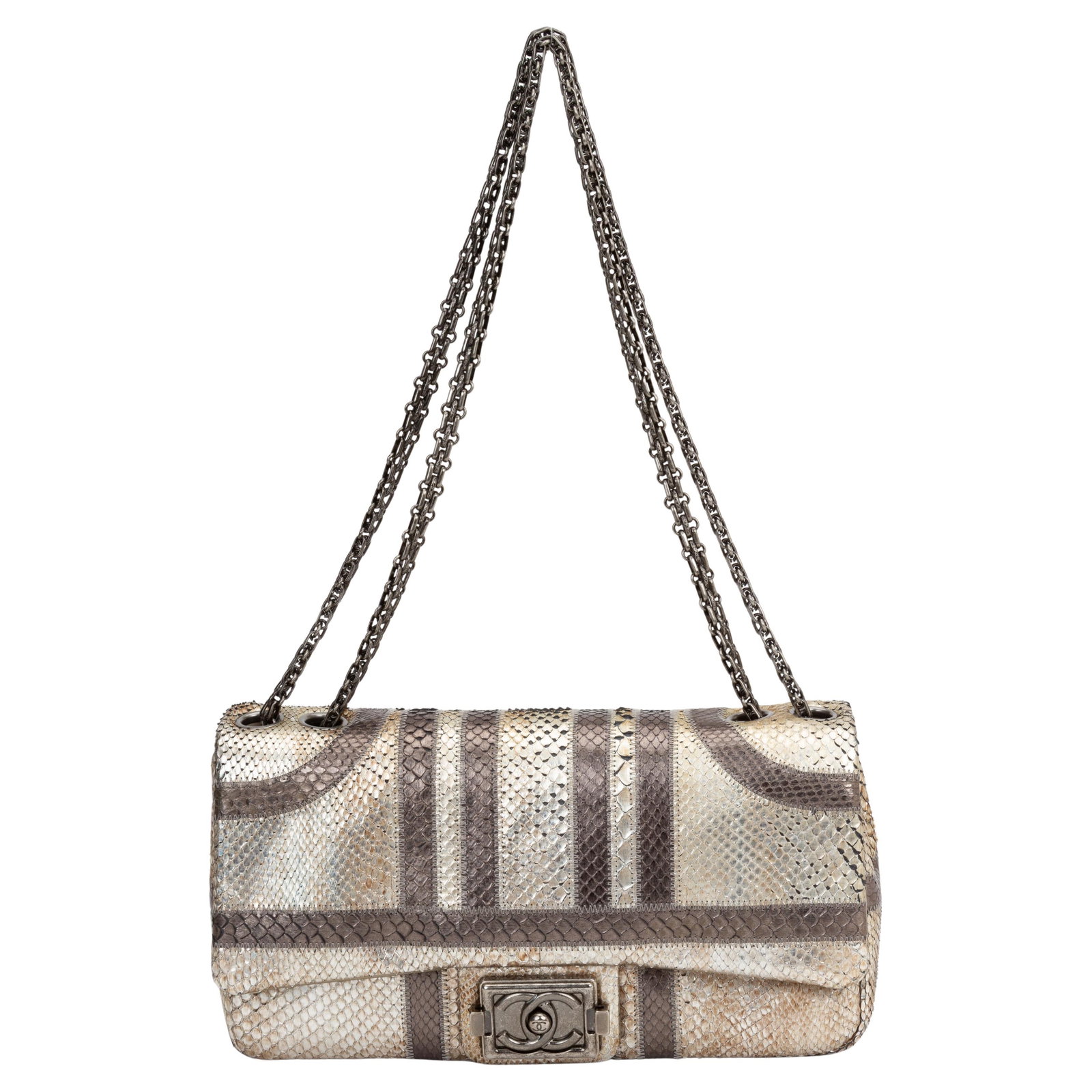 Chanel Python Leather Paris-Bombay Single Flap Bag with Mixed Metal Hardware: Chanel Python Leather Paris-Bombay Single Flap Bag with Mixed Metal Hardware This Chanel Paris-Bombay Classic Flap Bag is crafted from metallic gold and silver python leather. It features an interlock