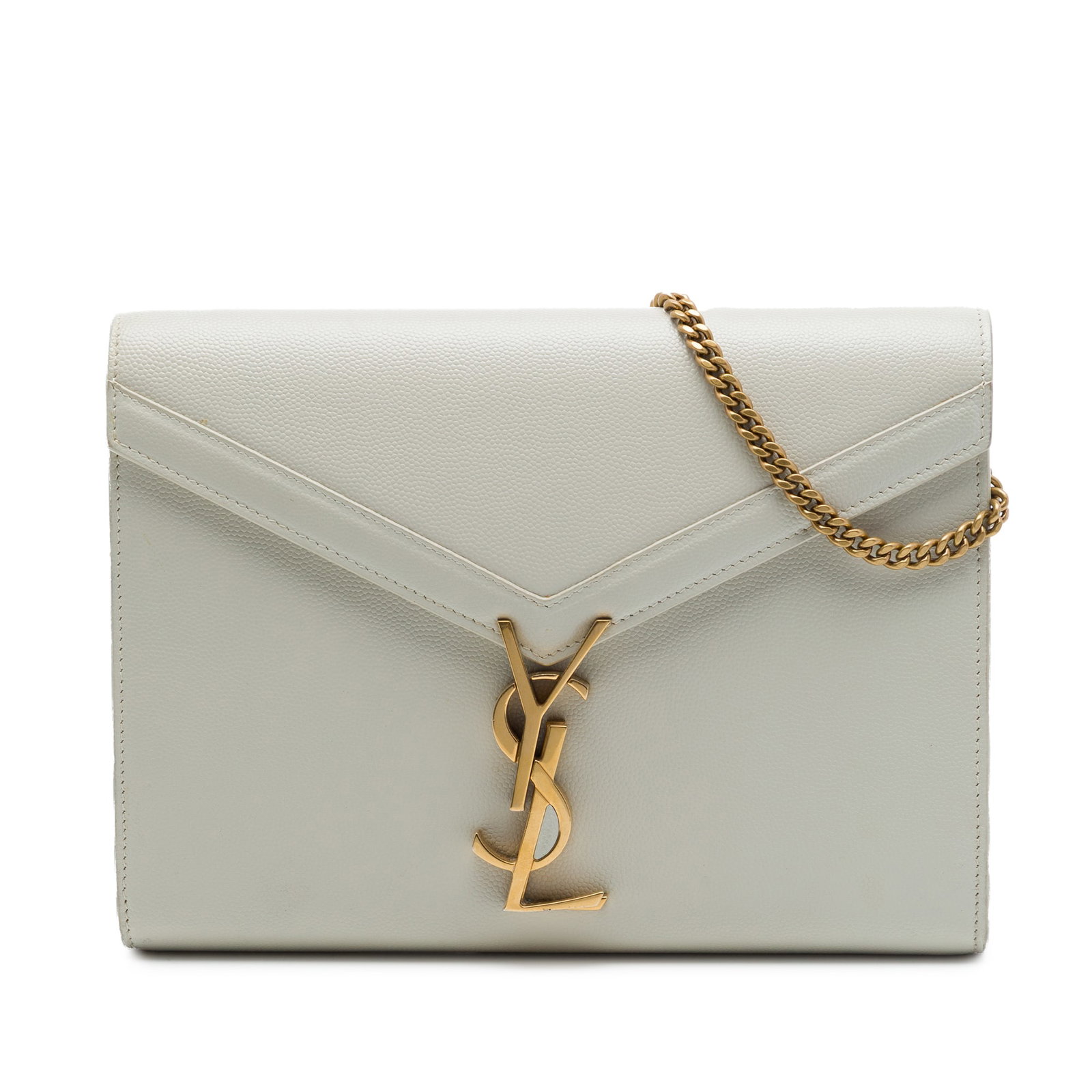 Saint Laurent Cassandra Chain Wallet in White Grain De Poudre Leather: Saint Laurent Cassandra Chain Wallet in White Grain De Poudre Leather Saint Laurent Grain De Poudre Monogram Cassandra Chain Wallet in white leather. This bag features a detachable gold-tone chain lin