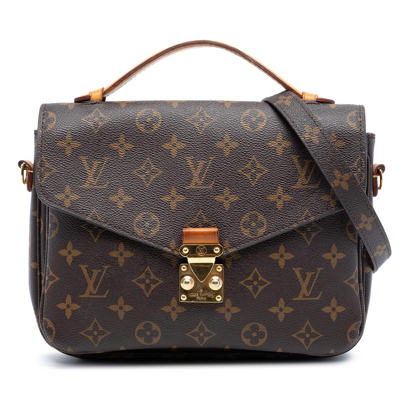 Louis Vuitton Pochette Metis Monogram Canvas Shoulder Bag with Top Handle: Louis Vuitton Pochette Metis Monogram Canvas Shoulder Bag with Top Handle The Louis Vuitton Monogram Pochette Metis features a monogram canvas body, a flat vachetta leather top handle, a detachable fl
