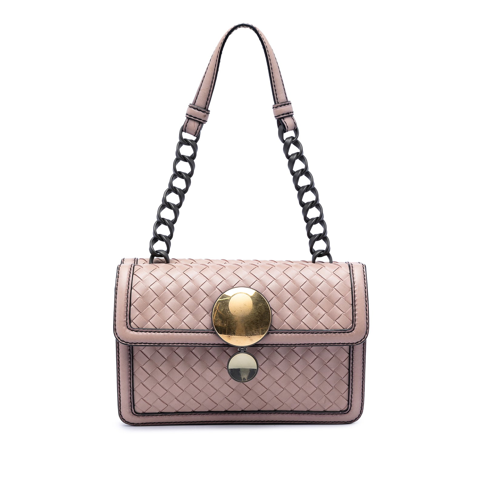 Bottega Veneta Intrecciato Nappa Leather Shoulder Bag Mirror Lens Flap: Bottega Veneta Intrecciato Nappa Leather Shoulder Bag Mirror Lens Flap Bottega Veneta shoulder bag in brown woven nappa leather with the Intrecciato design. This double-sided flap style features magne
