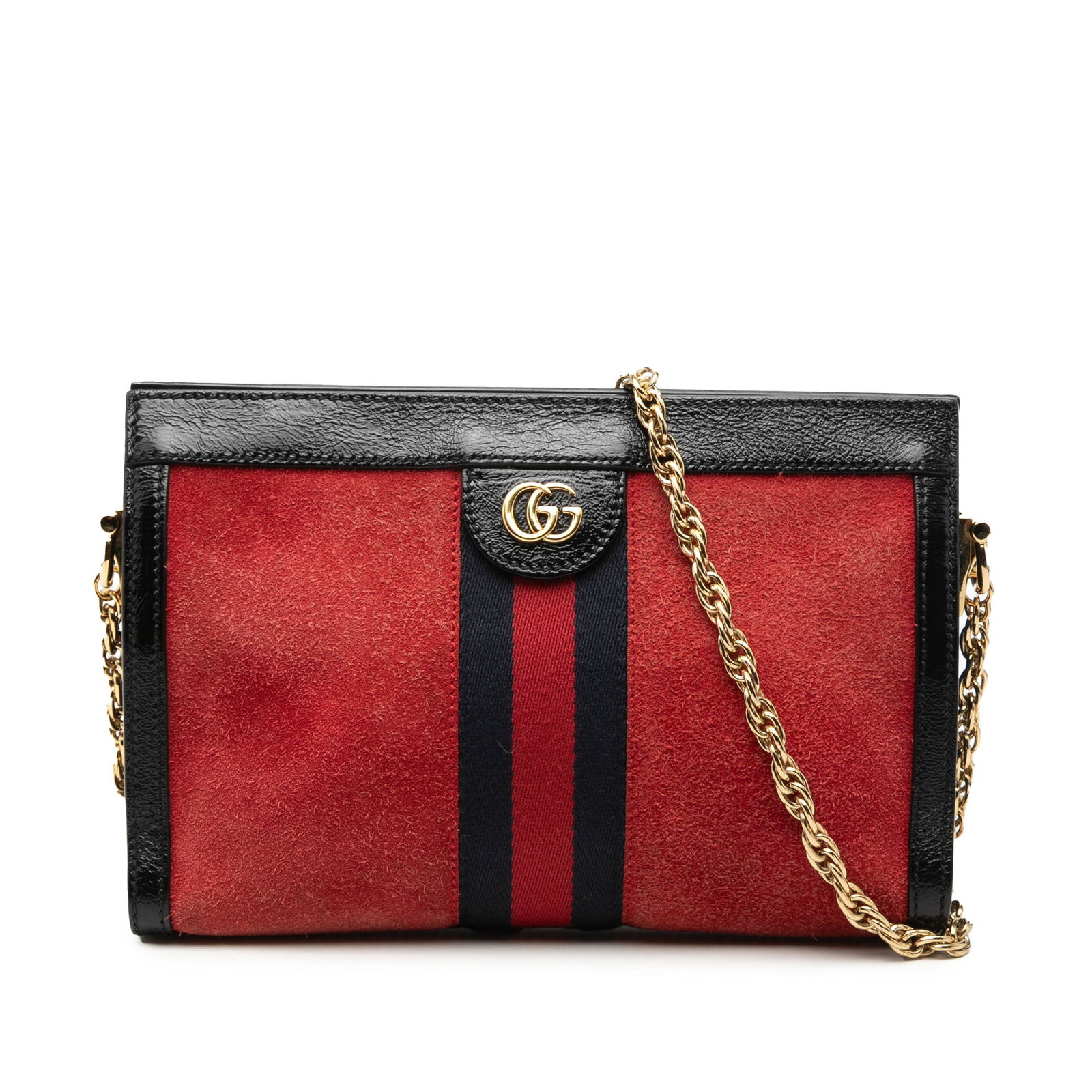 Gucci Ophidia red suede chain crossbody bag: Gucci Ophidia red suede chain crossbody bag This Gucci Small Suede Web Ophidia Chain Crossbody bag features a red suede body with leather trim, a chain-link shoulder strap, magnetic top closures, and 