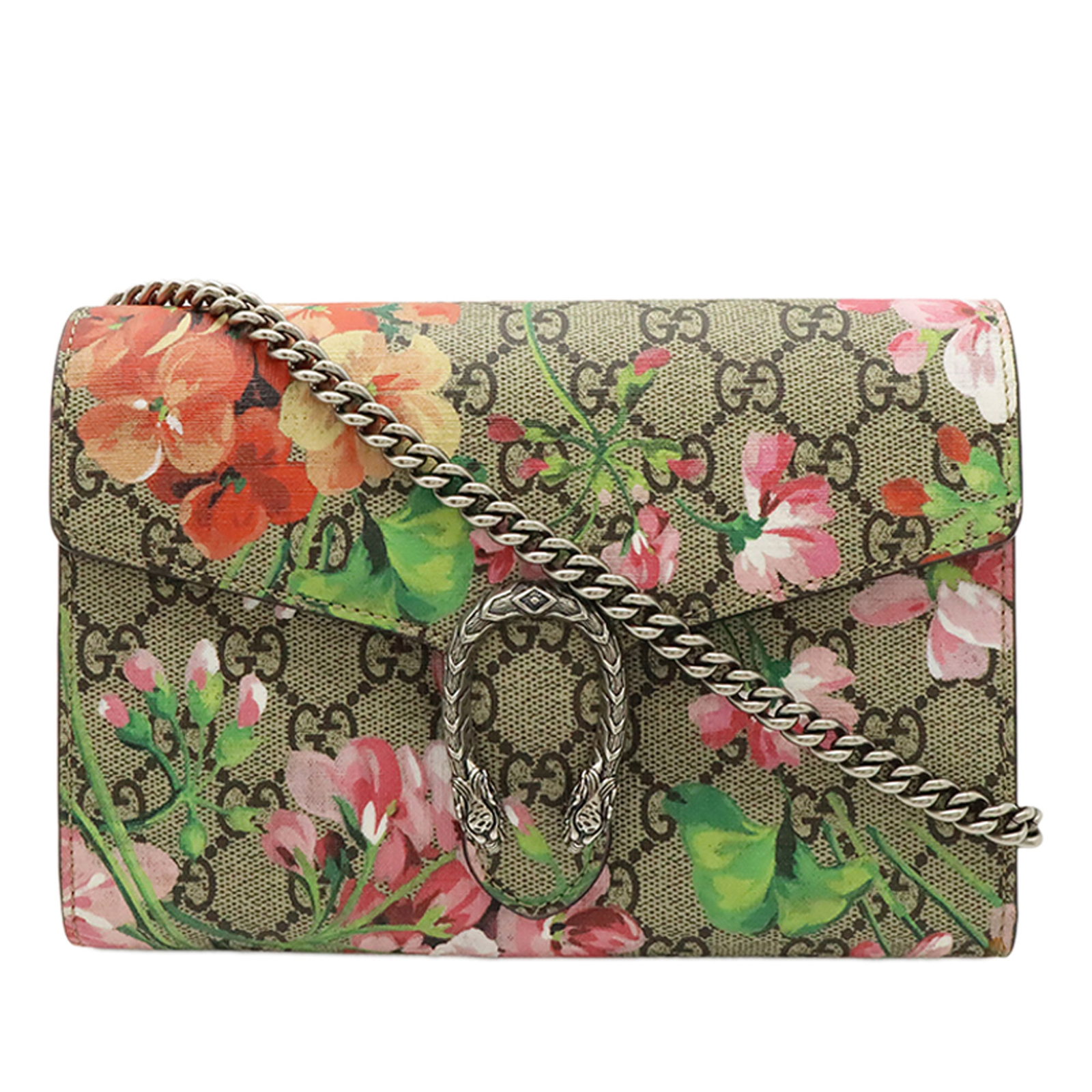 Gucci Dionysus Wallet on Chain GG Supreme Blooms Floral Canvas: Gucci Dionysus Wallet on Chain GG Supreme Blooms Floral Canvas Gucci GG Supreme Blooms Dionysus Wallet on Chain in beige with a floral printed coated canvas body and detachable silver-toned chain stra