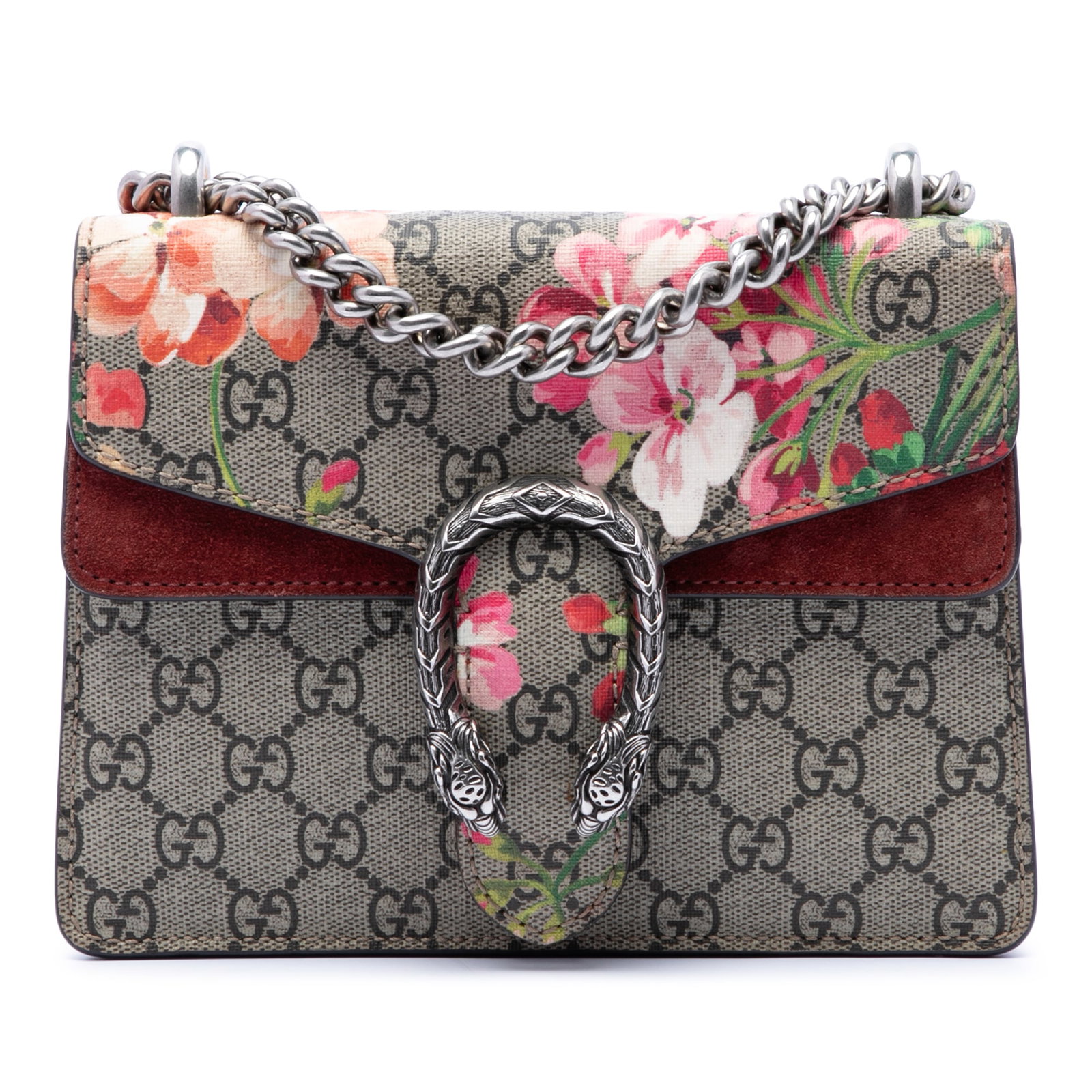 Gucci Dionysus Small GG Supreme Blooms Crossbody Bag: Gucci Dionysus Small GG Supreme Blooms Crossbody Bag A Gucci Small GG Supreme Blooms Dionysus crossbody bag in beige, made in Italy. It features a coated canvas body with suede leather trim, an exteri