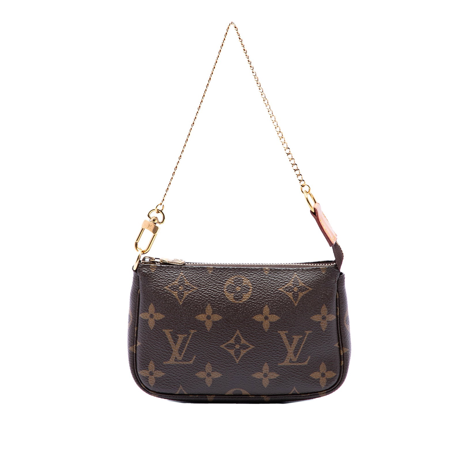 Louis Vuitton Monogram Canvas Mini Pochette Bag with Chain: Louis Vuitton Monogram Canvas Mini Pochette Bag with Chain Louis Vuitton Monogram Mini Pochette Accessoires in brown monogram canvas with a gold-tone chain strap and top zip closure. Made in France, t
