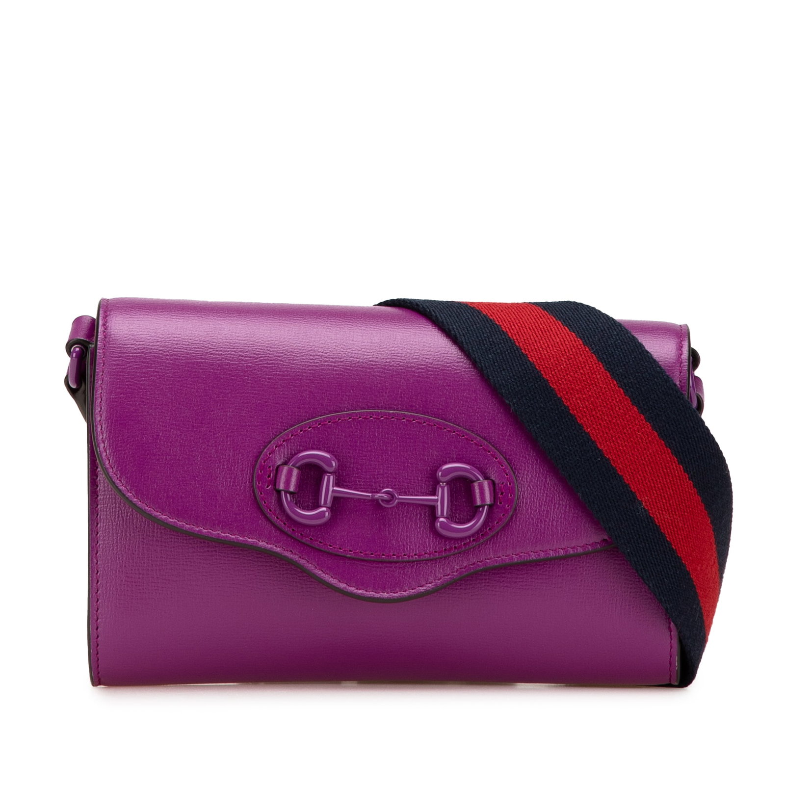 Gucci Mini Leather Horsebit 1955 Web Crossbody Bag Purple: Gucci Mini Leather Horsebit 1955 Web Crossbody Bag Purple This Gucci Mini Leather Horsebit 1955 Web Crossbody bag showcases a stylish leather body in a vibrant purple hue. It features a versatile deta