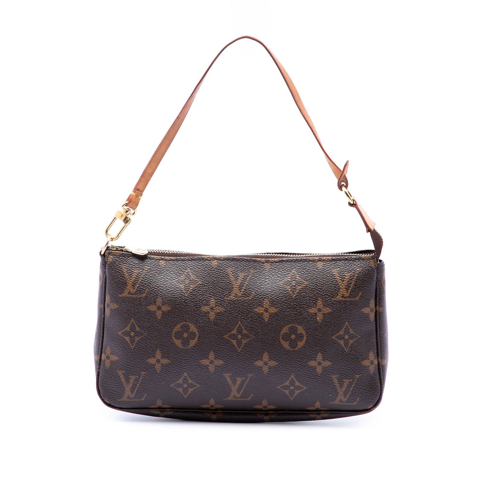Louis Vuitton Pochette Accessoires Monogram Canvas Shoulder Bag: Louis Vuitton Pochette Accessoires Monogram Canvas Shoulder Bag Louis Vuitton Monogram Pochette Accessoires bag in brown monogram canvas with a flat vachetta leather strap and top zip closure. Made in