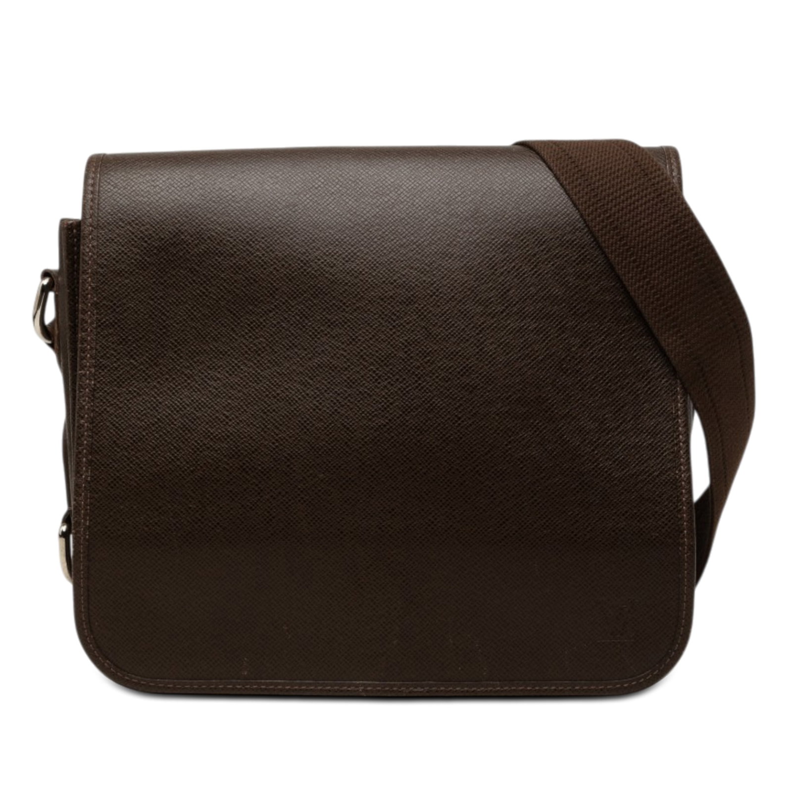 Louis Vuitton Taiga Andrei Brown Leather Shoulder Bag: Louis Vuitton Taiga Andrei Brown Leather Shoulder Bag Louis Vuitton Taiga Andrei shoulder bag crafted from taiga leather with a front flap closure, flat canvas strap, exterior back slip pocket, and in