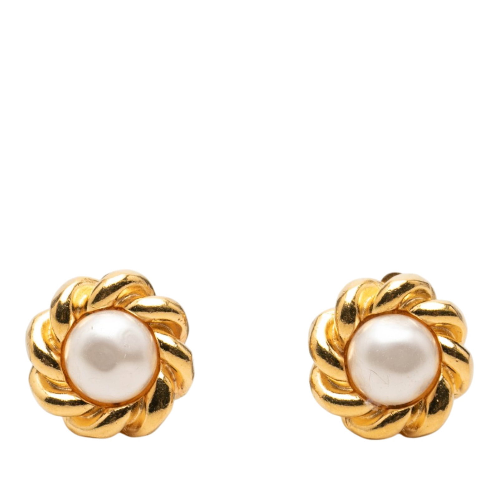 Chanel Flower Clip On Earrings Gold Plated Faux Pearl: Chanel Flower Clip On Earrings Gold Plated Faux Pearl Chanel clip-on earrings featuring gold plated metal and faux pearl bodies in a flower design. They are made in France and classified as costume je