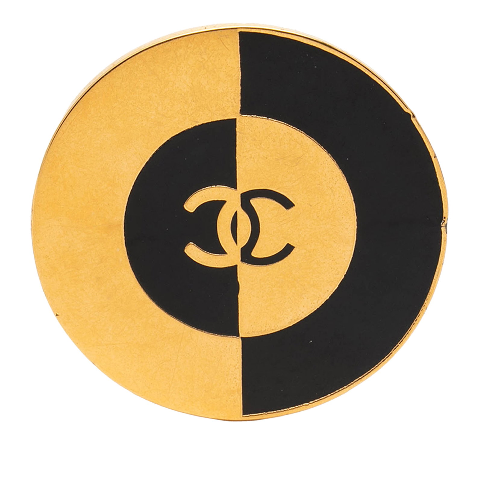 Chanel CC enamel gold plated round pin brooch: Chanel CC enamel gold plated round pin brooch This Chanel brooch features a round design crafted from gold-plated metal with enamel detailing. It is secured with a back pin closure. The brooch is cate