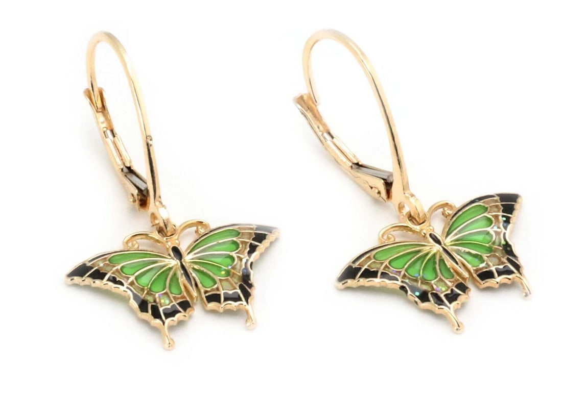 Vintage 14k Yellow Gold Butterfly Dangle Earrings with Enamel (1 of 4)