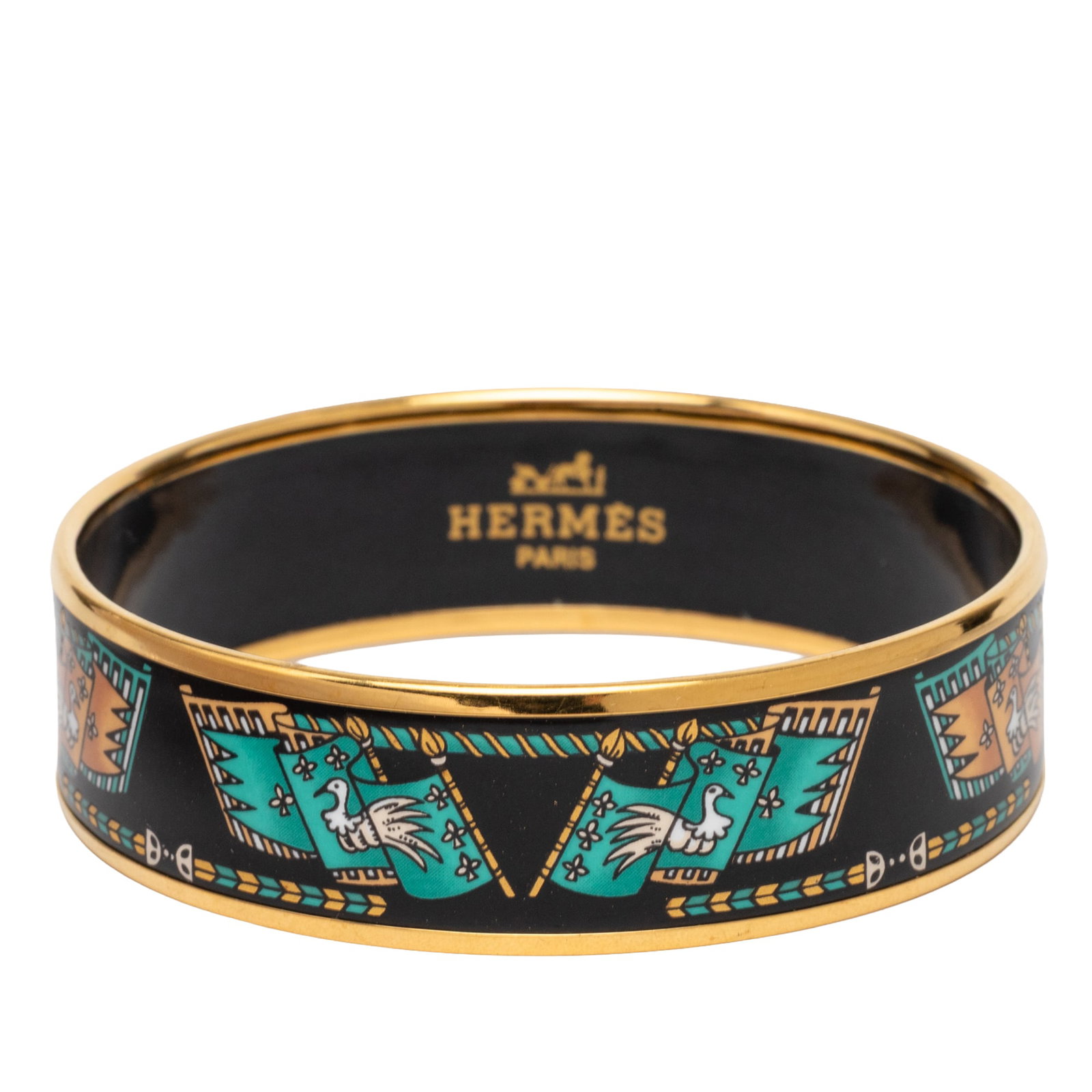 Hermes Printed Enamel Wide Bangle Bracelet 65 Black: Hermes Printed Enamel Wide Bangle Bracelet 65 Black Hermes wide printed enamel bangle with a black enamel design and gold-plated body. This costume bracelet is made in Austria and shows scratches to t