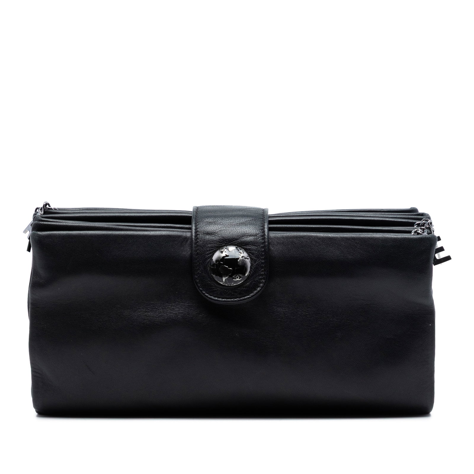 Chanel Globe Emblem Lambskin Leather Clutch Bag Black: Chanel Globe Emblem Lambskin Leather Clutch Bag Black Black Chanel clutch bag crafted from lambskin leather with a globe emblem top strap and magnetic closure. The design includes zip compartments. Co