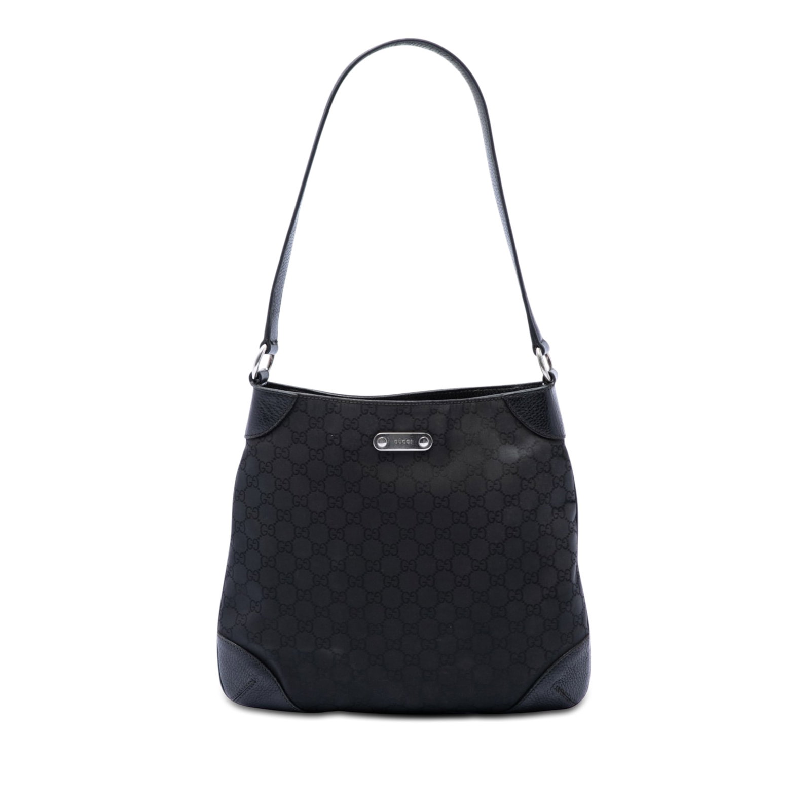 Gucci GG Denim canvas shoulder bag with leather trim: Gucci GG Denim canvas shoulder bag with leather trim Gucci GG Denim shoulder bag with a canvas body and leather trim. It features a flat leather shoulder strap, an open top with magnetic snap closure,