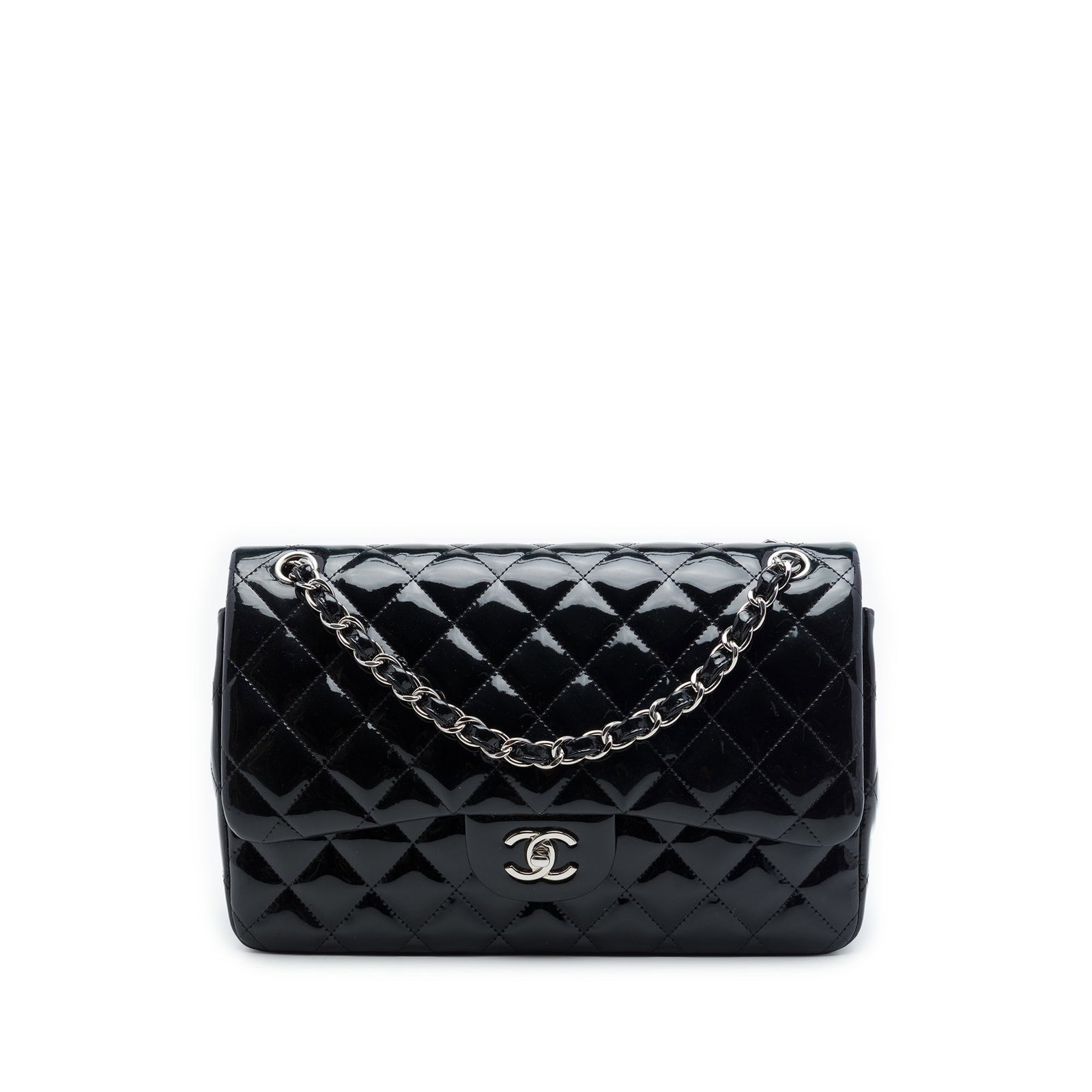 Chanel Jumbo Classic Double Flap Patent Leather Shoulder Bag: Chanel Jumbo Classic Double Flap Patent Leather Shoulder Bag Chanel Jumbo Classic Patent Double Flap shoulder bag in black quilted patent leather. This bag features leather-woven chain shoulder straps