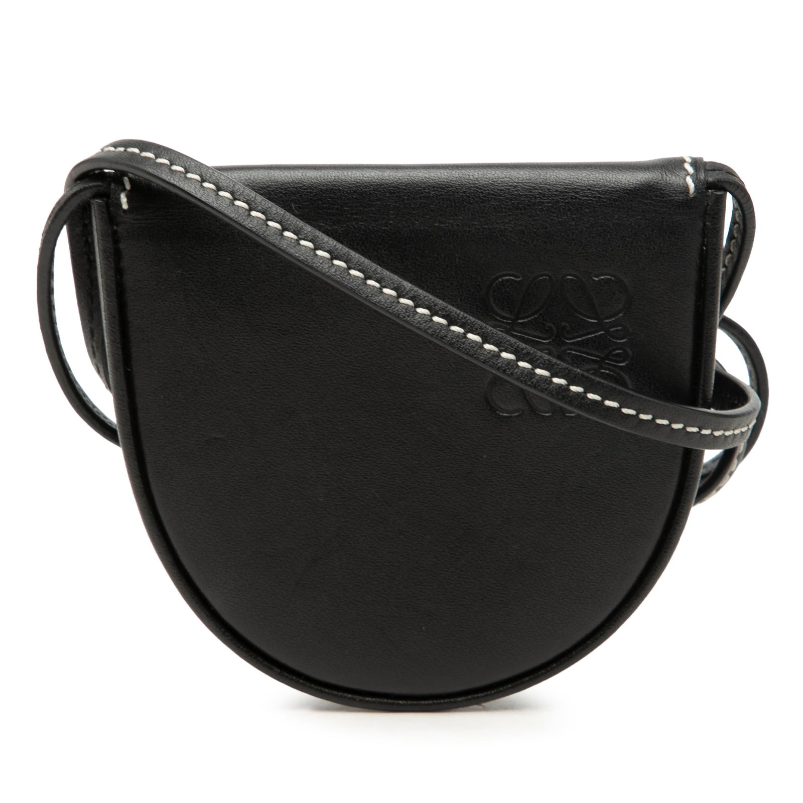 LOEWE Anagram Heel Pouch Mini Soft Calfskin Black Leather Bag: LOEWE Anagram Heel Pouch Mini Soft Calfskin Black Leather Bag A LOEWE Mini Soft Calfskin Anagram Heel Pouch in black leather with a flap closure and flat leather shoulder strap. Made in Spain. Conditi