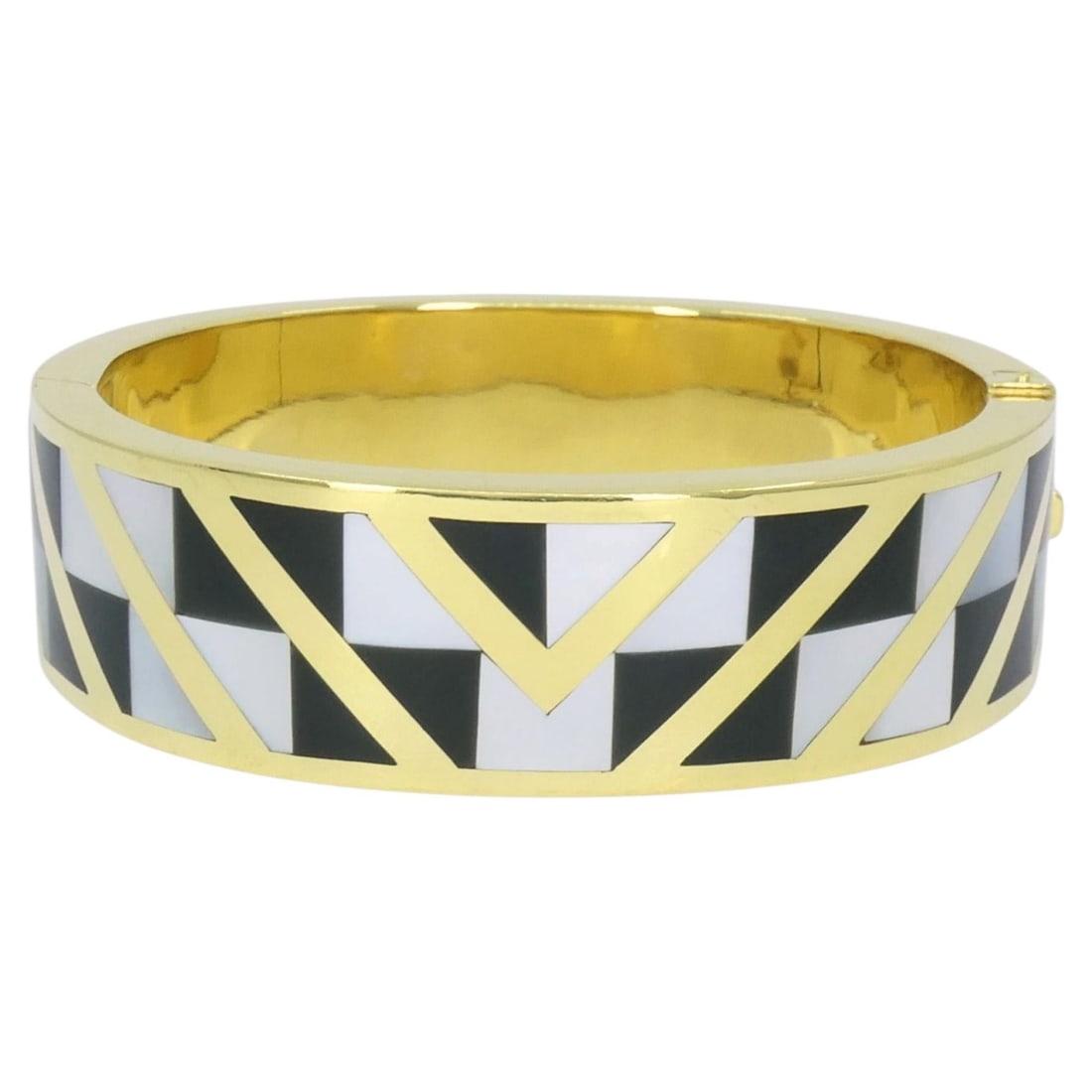 Tiffany Co Angela Cummings 18k Gold Bangle with Onyx Mother of Pearl: Tiffany Co Angela Cummings 18k Gold Bangle with Onyx Mother of Pearl Vintage Angela Cummings for Tiffany & Co. bangle bracelet from 1986, crafted in 18k yellow gold with onyx and mother of pearl inlay