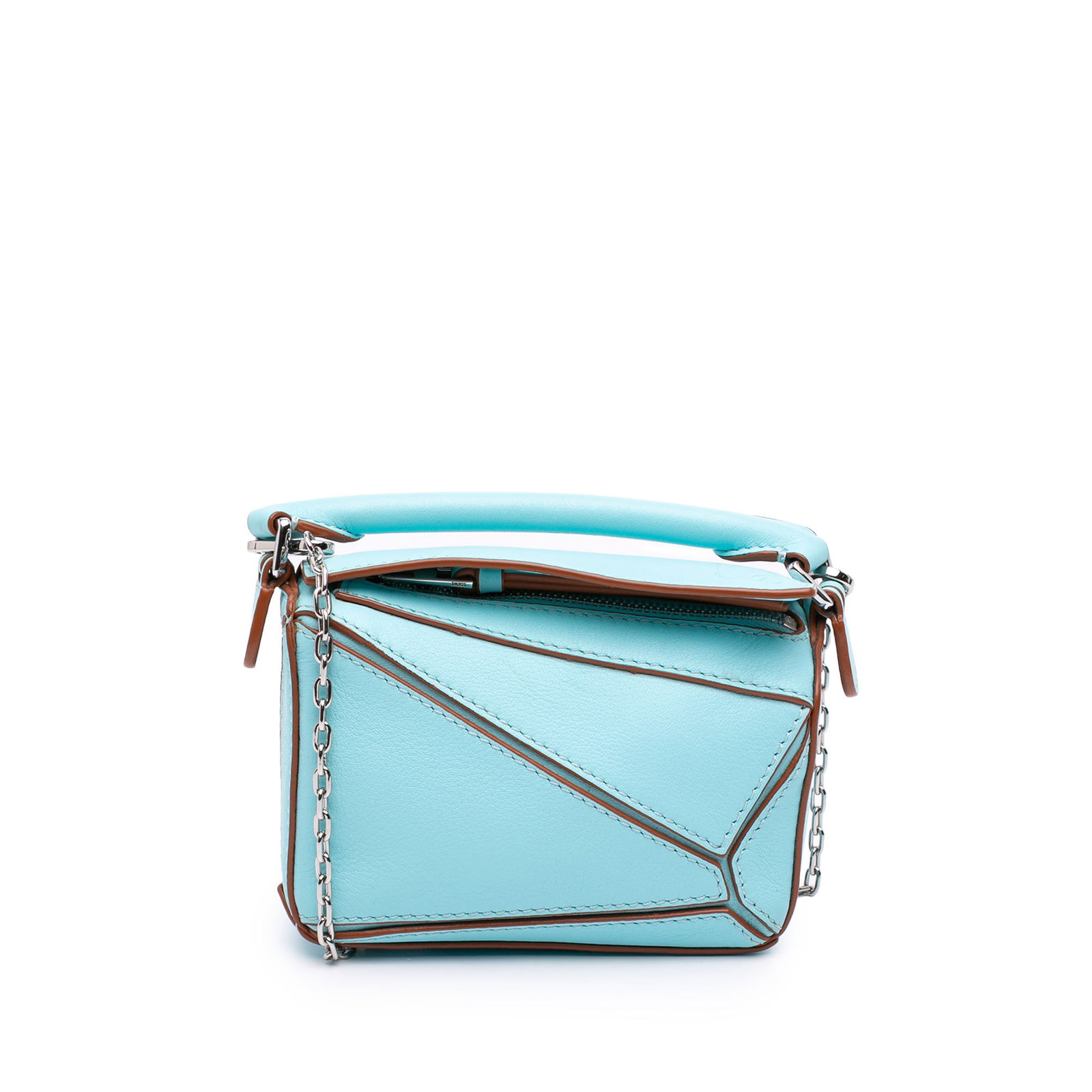 LOEWE Puzzle Nano Satchel Blue Calfskin Leather Bag: LOEWE Puzzle Nano Satchel Blue Calfskin Leather Bag LOEWE Nano Puzzle satchel crafted in blue calfskin leather. This compact bag features the signature structured silhouette with a rolled top handle,