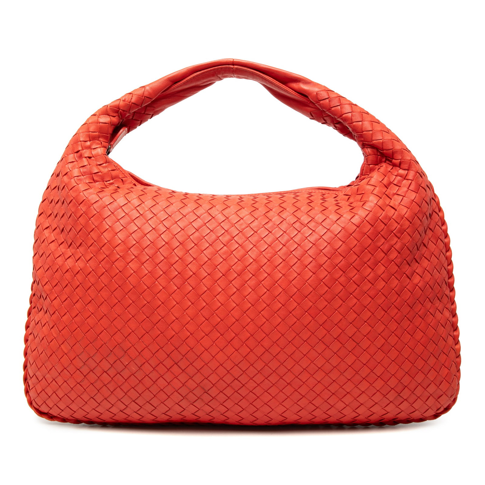 Bottega Veneta Veneta Hobo Medium Intrecciato Nappa Leather Orange: Bottega Veneta Veneta Hobo Medium Intrecciato Nappa Leather Orange Bottega Veneta Medium Nappa Intrecciato Veneta Hobo in orange woven nappa leather. This hobo bag features a flat leather handle, top