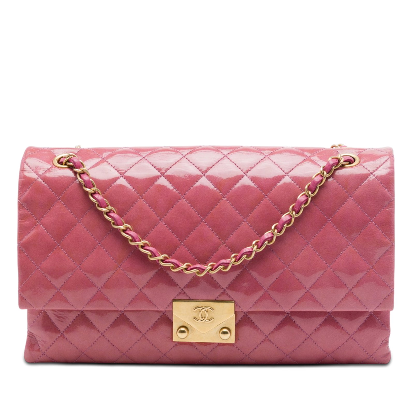 Chanel Pagoda Accordion Flap shoulder bag in pink patent leather: Chanel Pagoda Accordion Flap shoulder bag in pink patent leather Chanel Quilted Crinkled Patent Pagoda Accordion Flap shoulder bag in pink patent leather. This bag features a leather-woven chain link