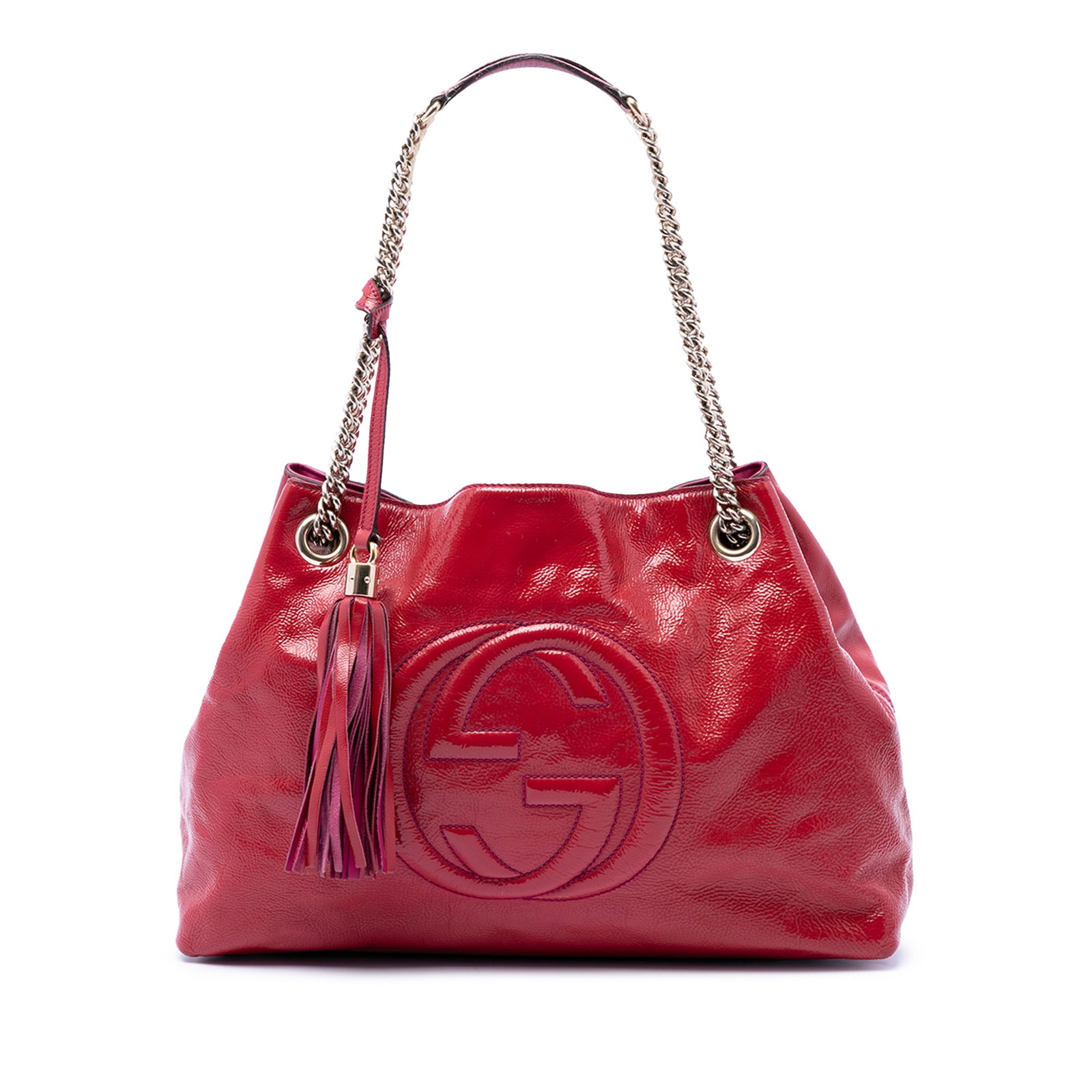 Gucci Soho Chain Medium Patent Leather Tote Bag Red: Gucci Soho Chain Medium Patent Leather Tote Bag Red Gucci Medium Soho Chain Tote in red patent leather with curb chain straps, leather shoulder guards, and tassel detail. The open-top design features