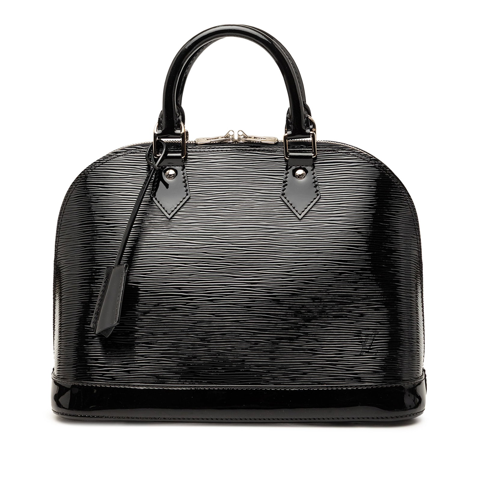 Louis Vuitton Alma PM Electric Epi Leather Handbag: Louis Vuitton Alma PM Electric Epi Leather Handbag Louis Vuitton Electric Epi Alma PM handbag in black leather with rolled leather handles, a clochette, top zip closure, and interior slip pockets. Mad